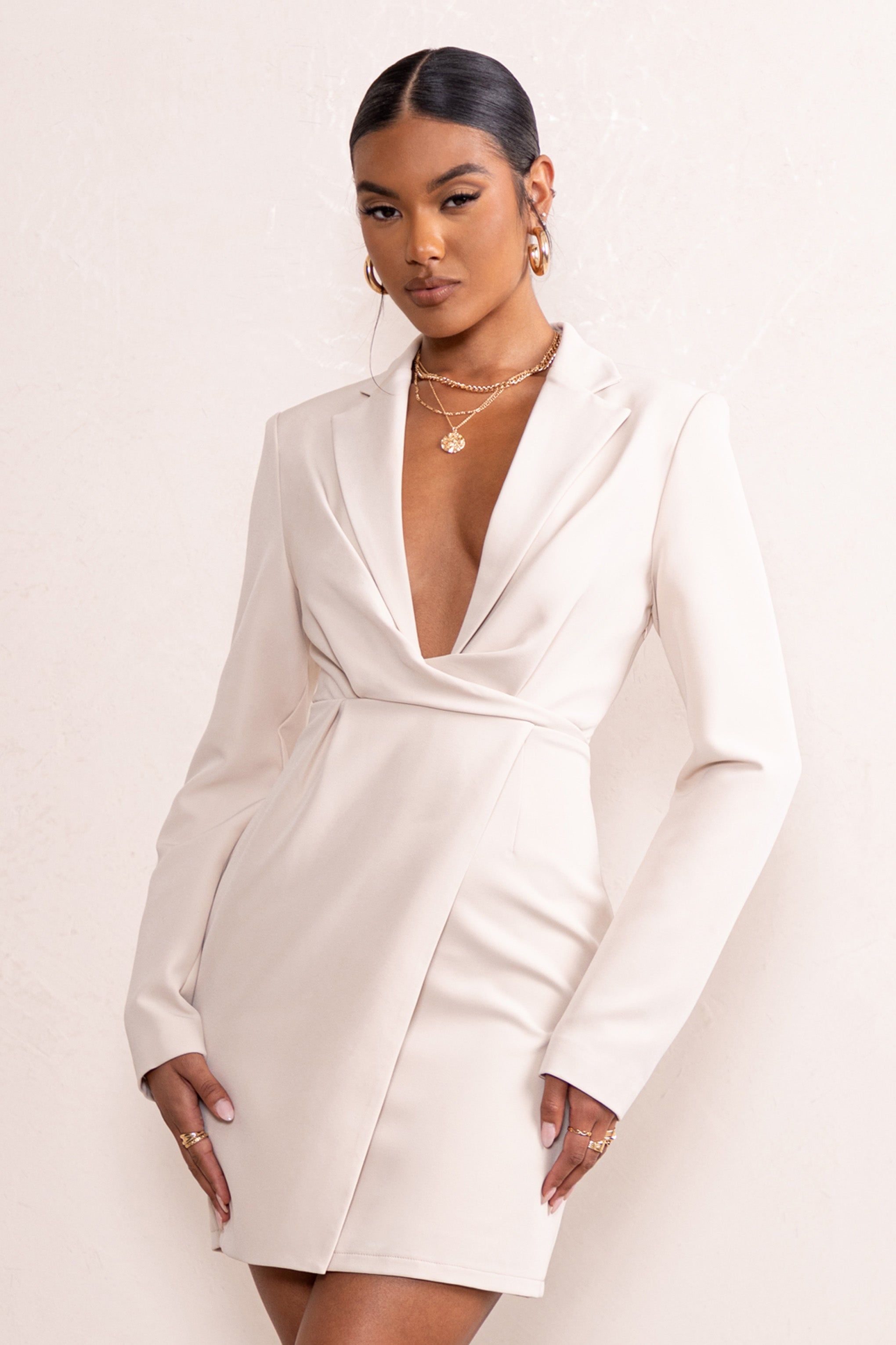 Thalassa | Sand Plunge Neck Twist Front Blazer Mini Dress sold by Club L London product image thumbnail 5