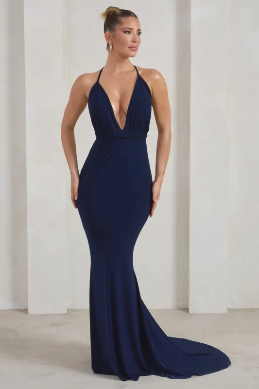 Starlet |  Navy Plunge Maxi Dress With Multiway Straps sold by Club L London