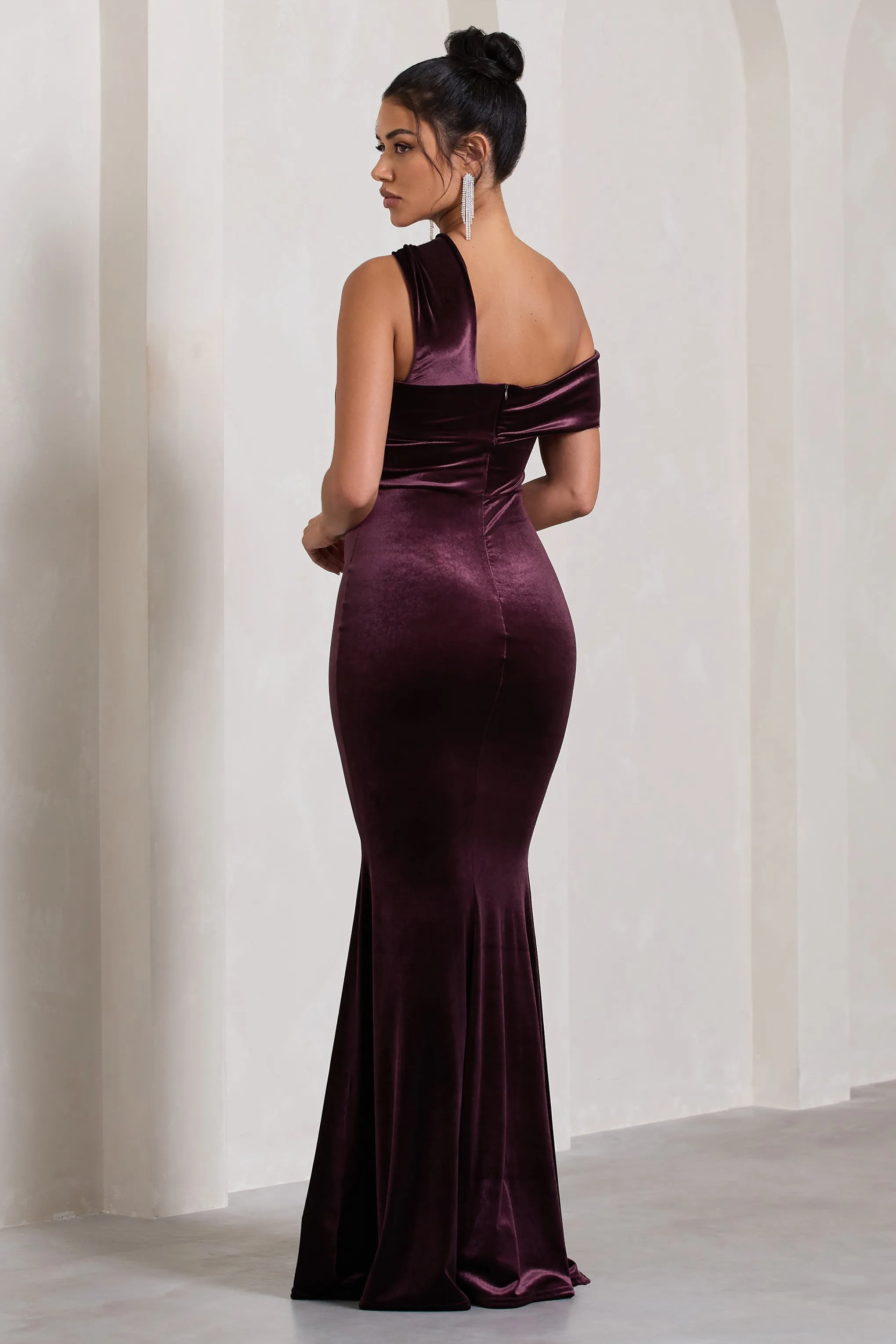 Candela | Port Velvet Asymmetric Bardot Maxi Dress sold by Club L London product image thumbnail 2