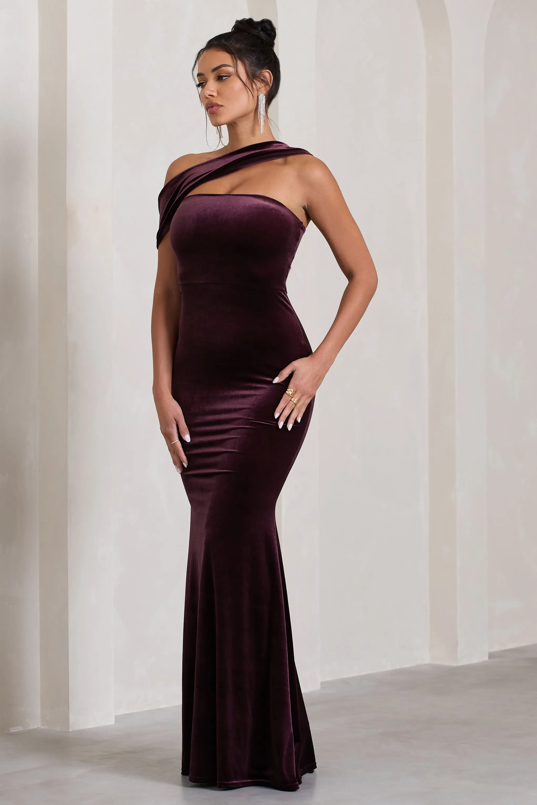 Candela | Port Velvet Asymmetric Bardot Maxi Dress sold by Club L London product image thumbnail 4