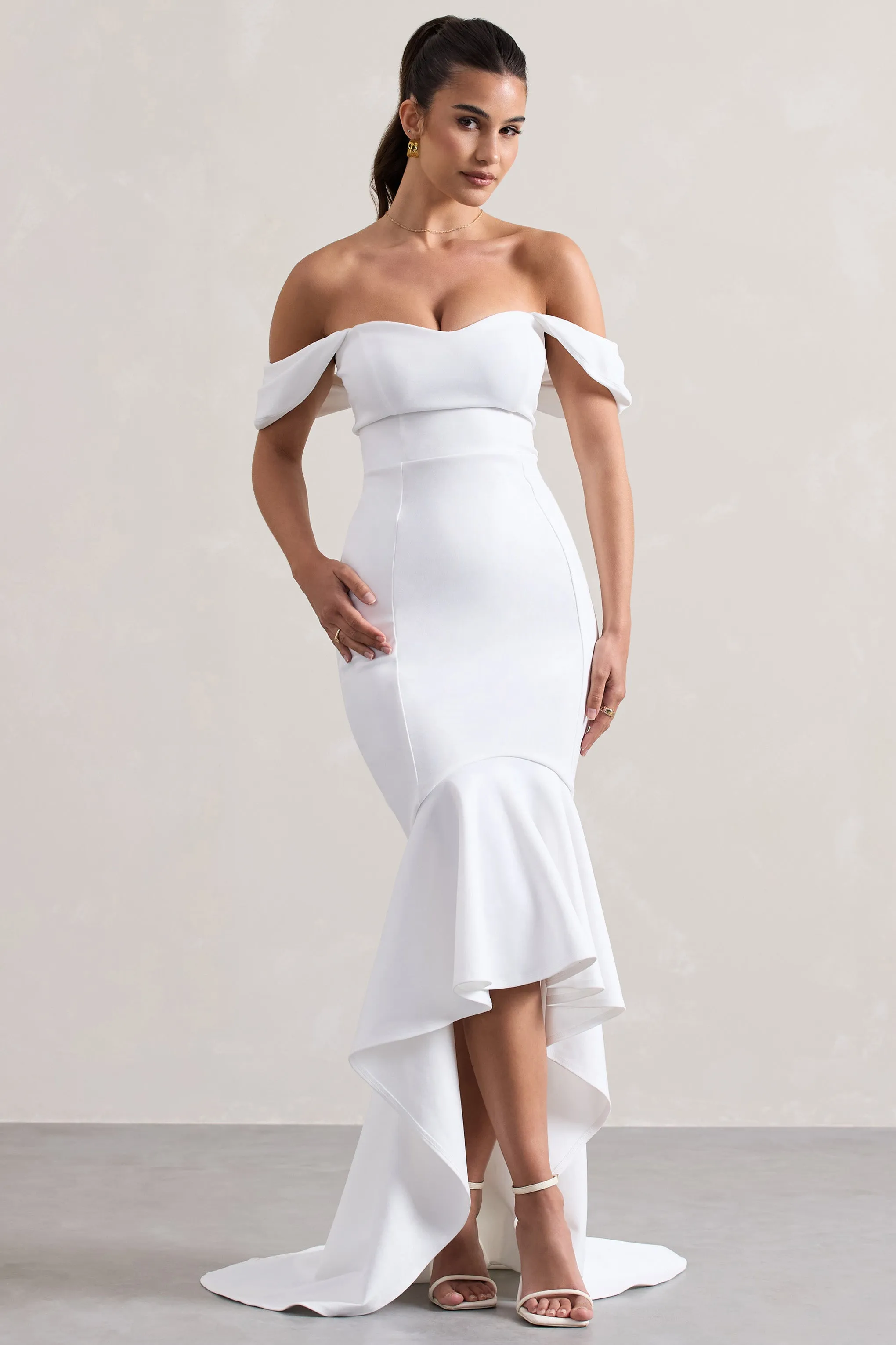 Cotillion | White Sweetheart High-Low Maxi Dress With Ruffle Hem sold by Club L London