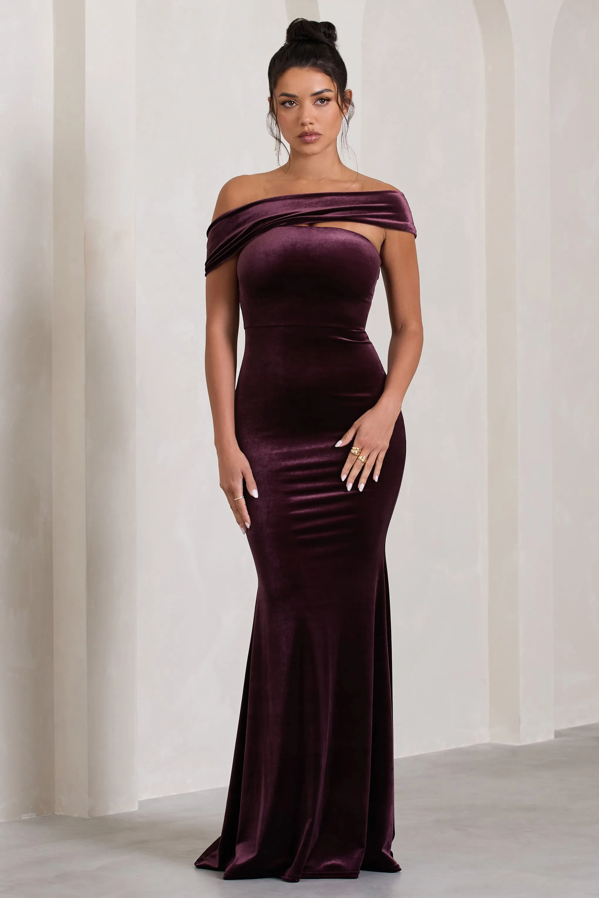 Candela | Port Velvet Asymmetric Bardot Maxi Dress sold by Club L London