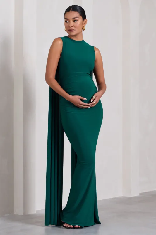 Allora | Bottle Green High-Neck Sleeveless Cape Maternity Maxi Dress sold by Club L London