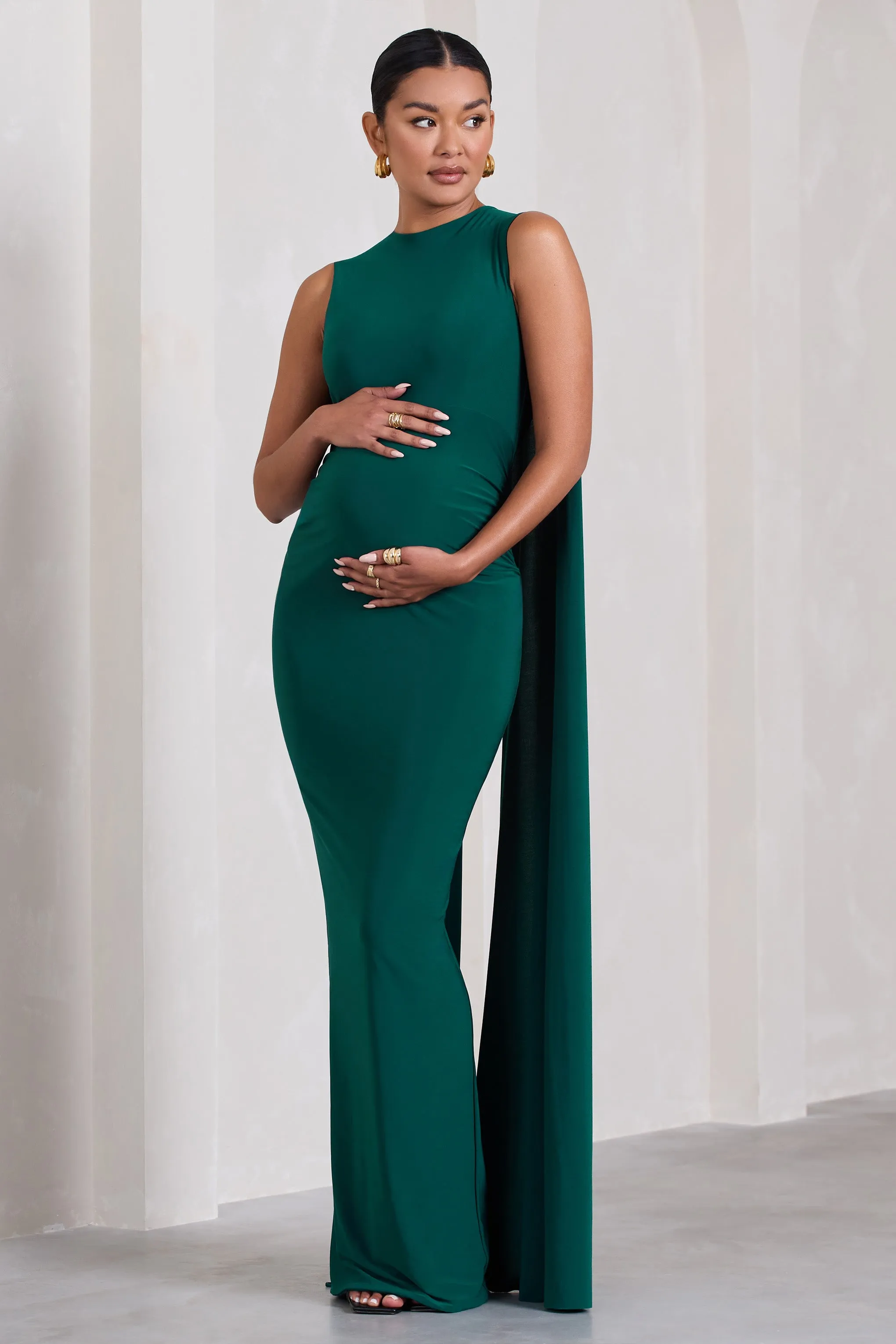 Allora | Bottle Green High-Neck Sleeveless Cape Maternity Maxi Dress sold by Club L London product image thumbnail 5