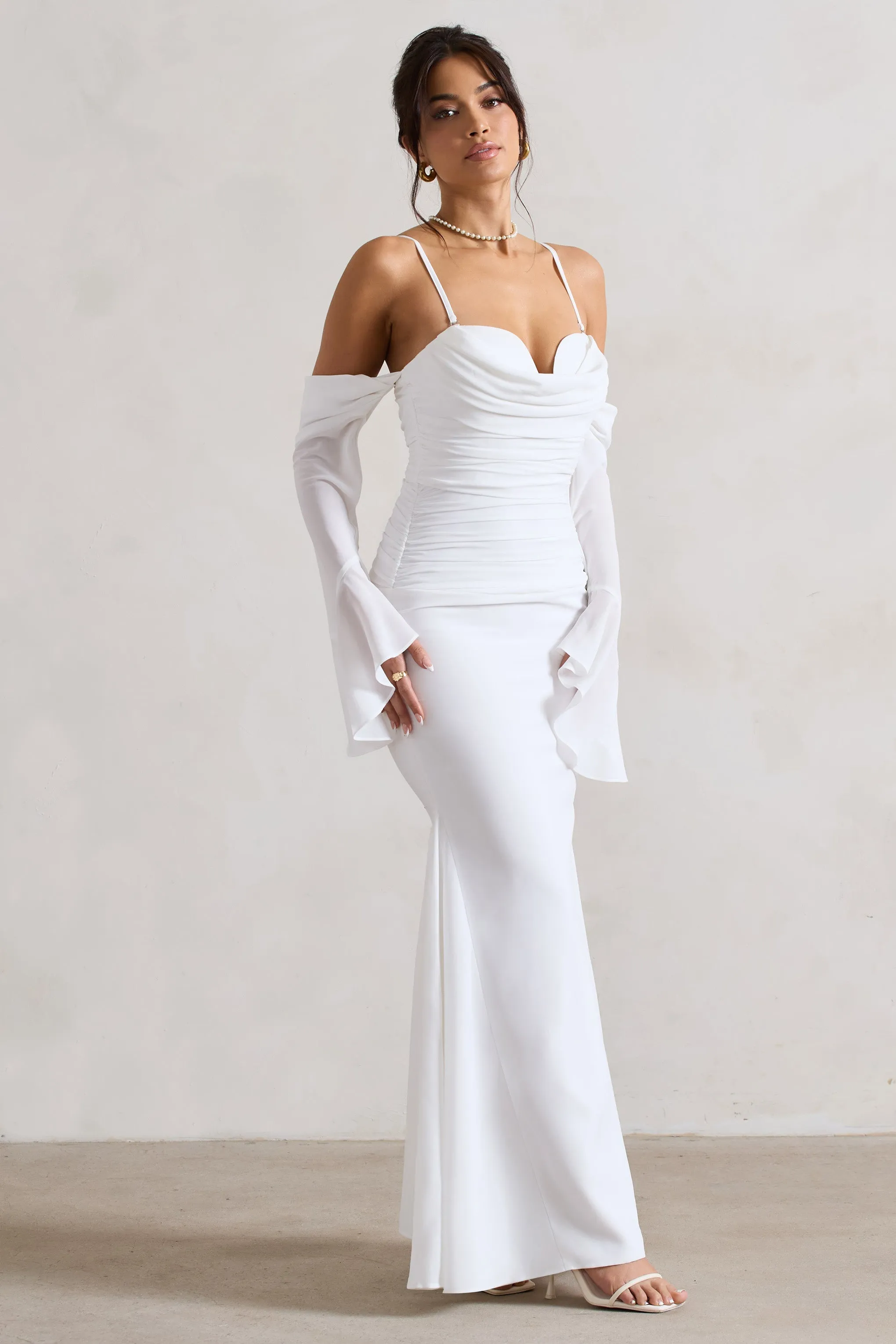 Rhiannon | Cream Draped Flared-Sleeve Fishtail Maxi Dress sold by Club L London product image thumbnail 3