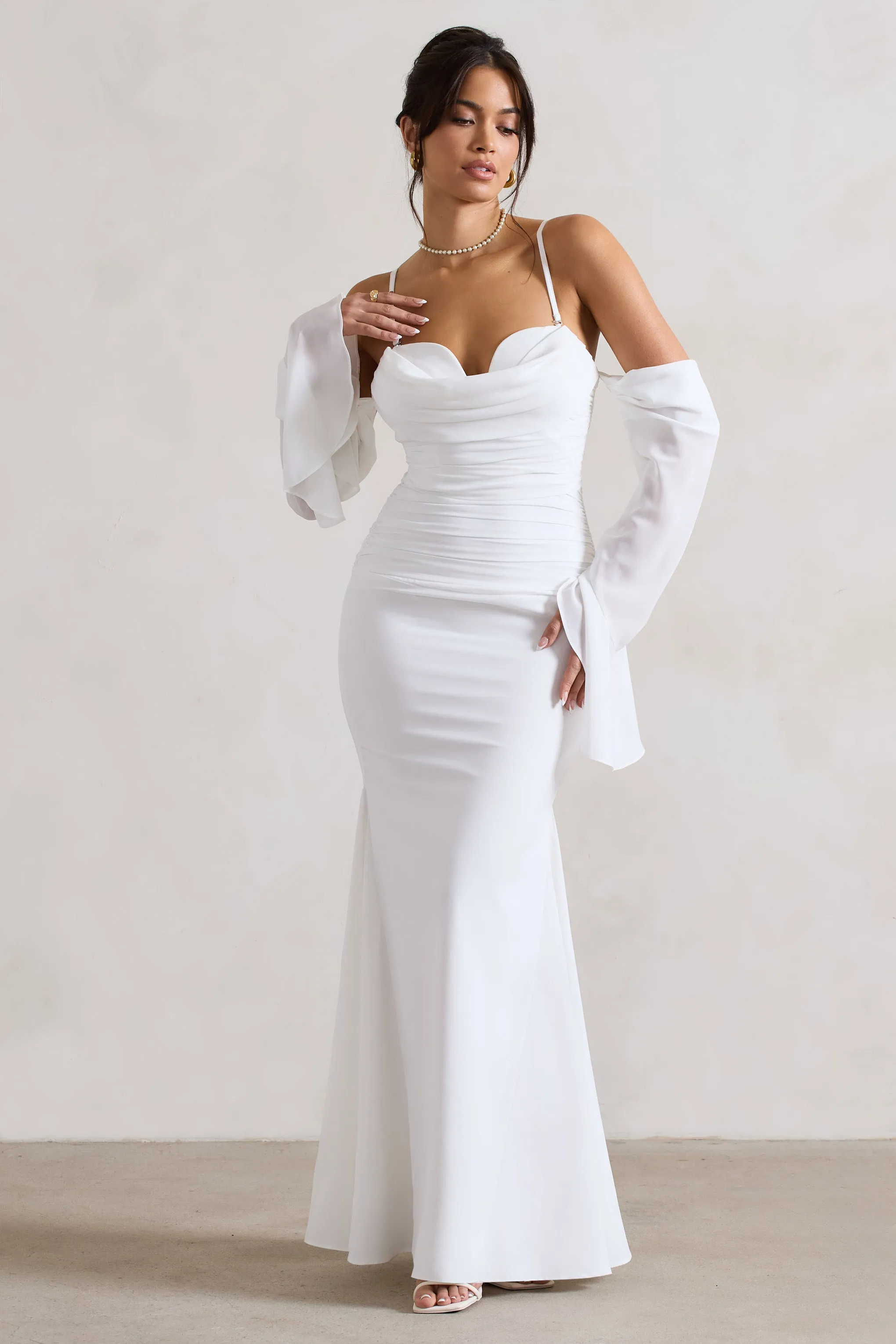 Rhiannon | Cream Draped Flared-Sleeve Fishtail Maxi Dress sold by Club L London product image thumbnail 4