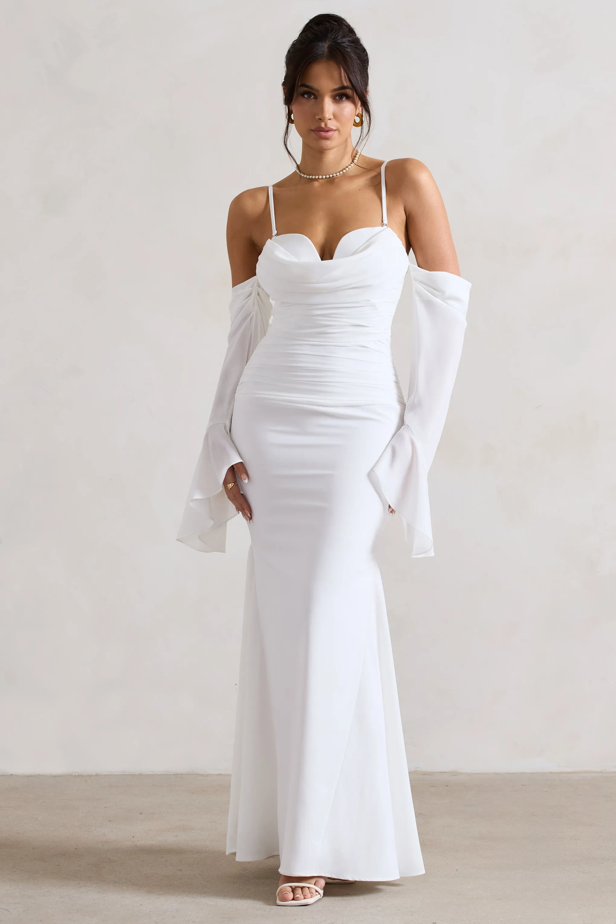 Rhiannon | Cream Draped Flared-Sleeve Fishtail Maxi Dress sold by Club L London