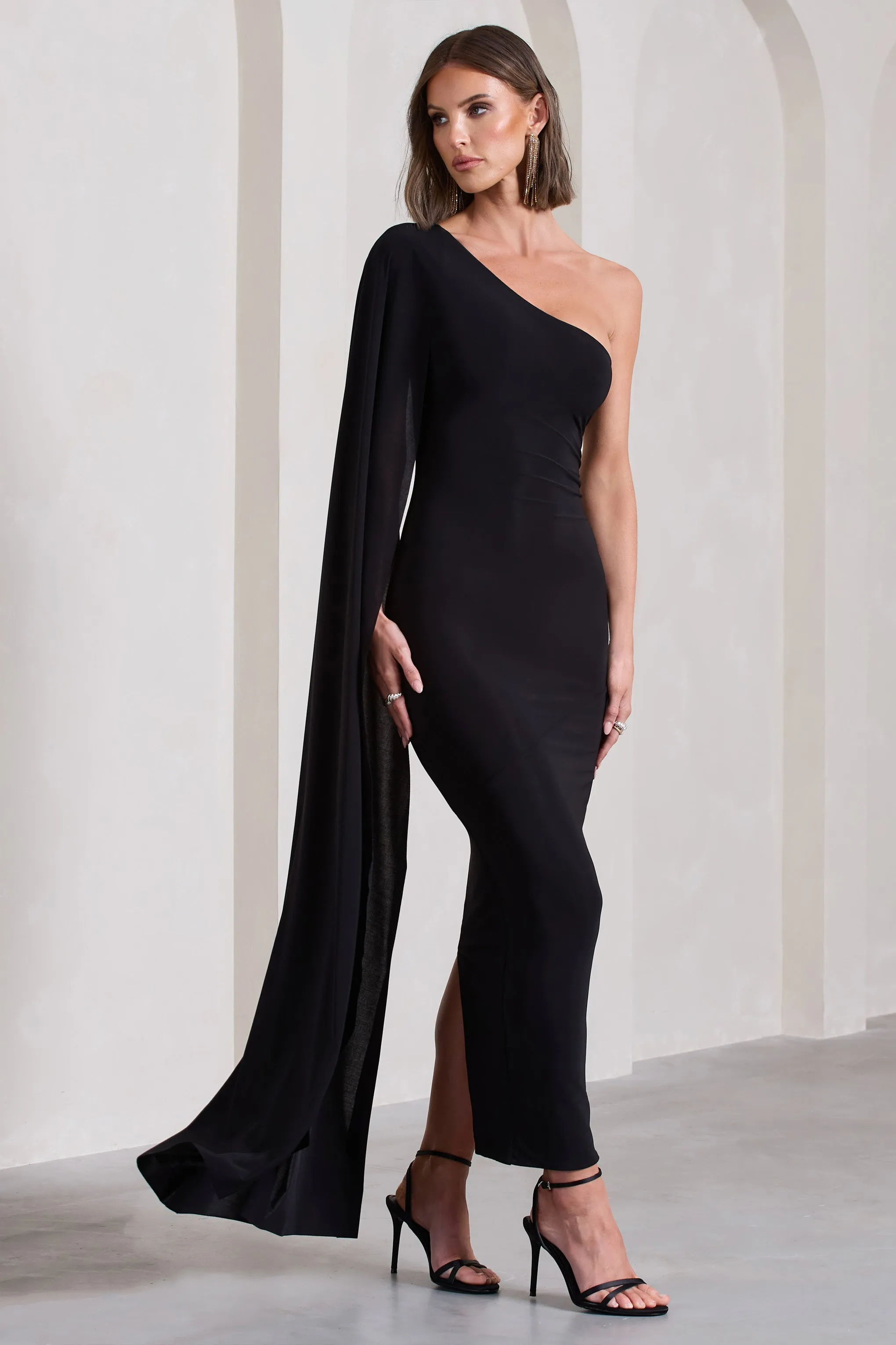 Kamila | Black One Shoulder Cape Sleeve Open-Back Maxi Dress sold by Club L London product image thumbnail 4