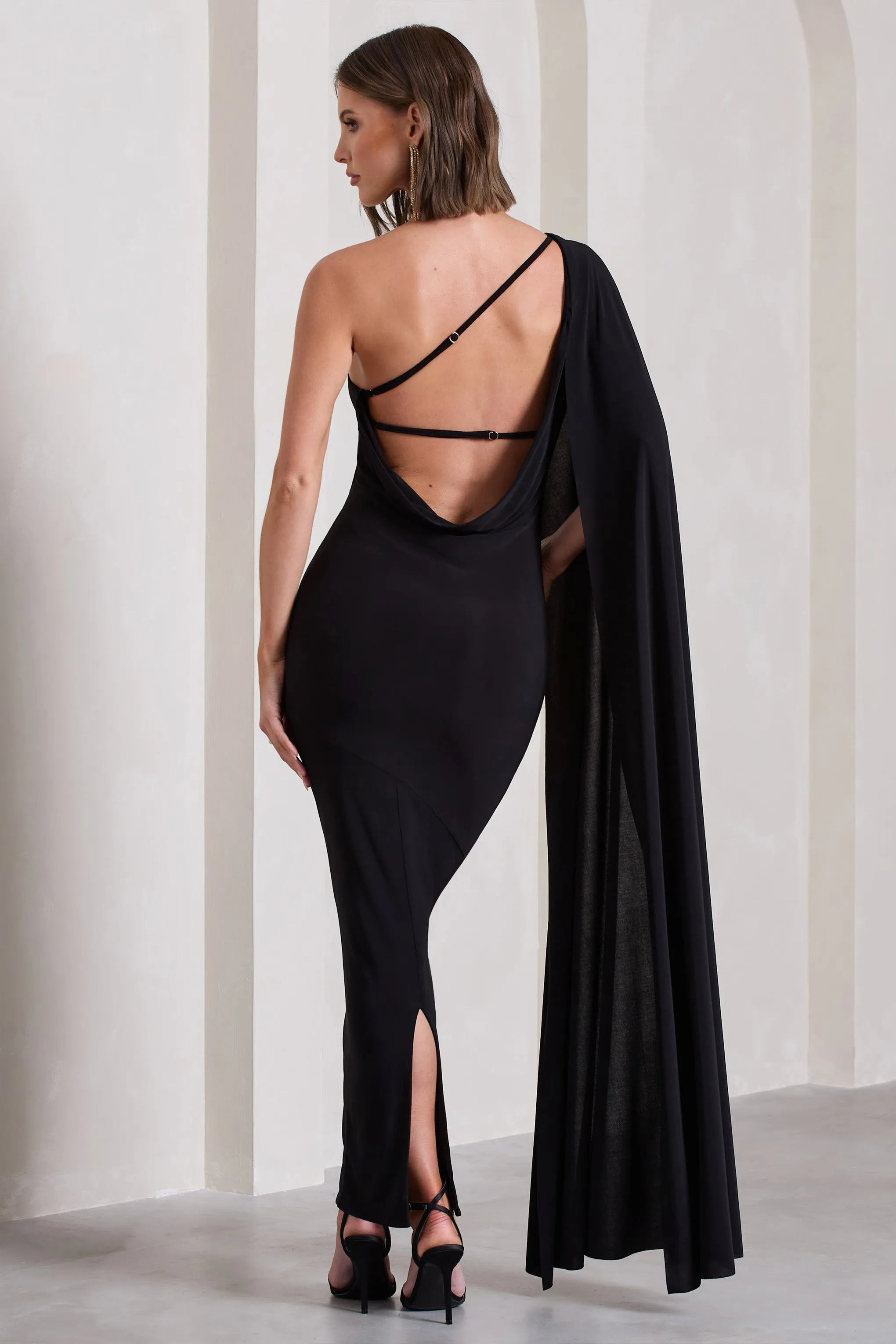 Kamila | Black One Shoulder Cape Sleeve Open-Back Maxi Dress sold by Club L London product image thumbnail 2