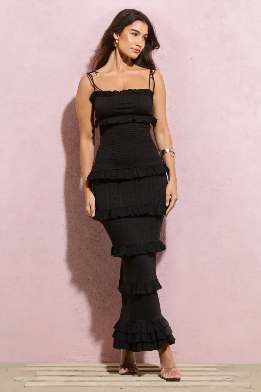 Lauren | Black Broderie Strappy Ruffled Maxi Dress sold by Club L London