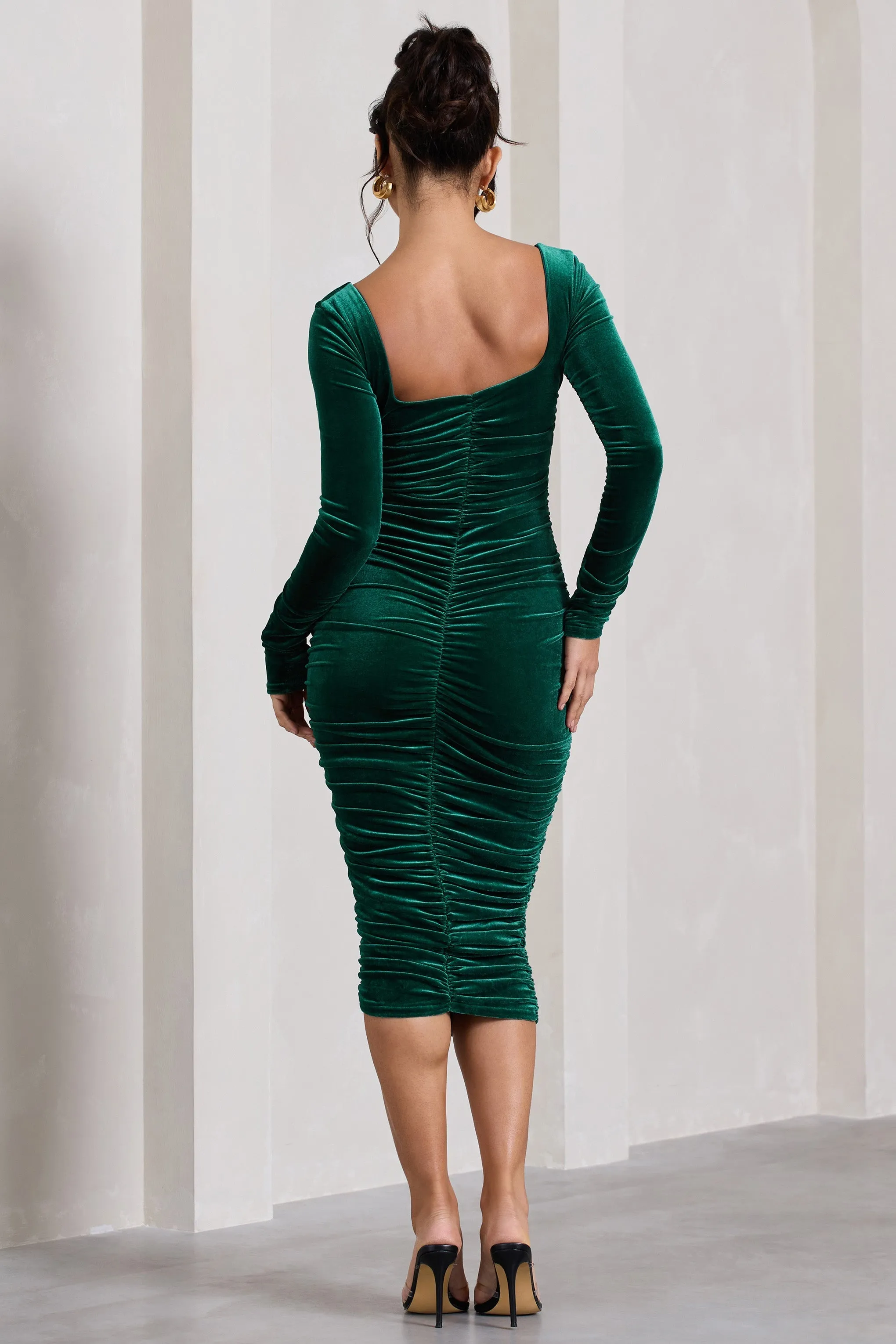 Seductress | Bottle Green Velvet Square Neck Bodycon Midi Dress With Long Sleeves sold by Club L London product image thumbnail 2