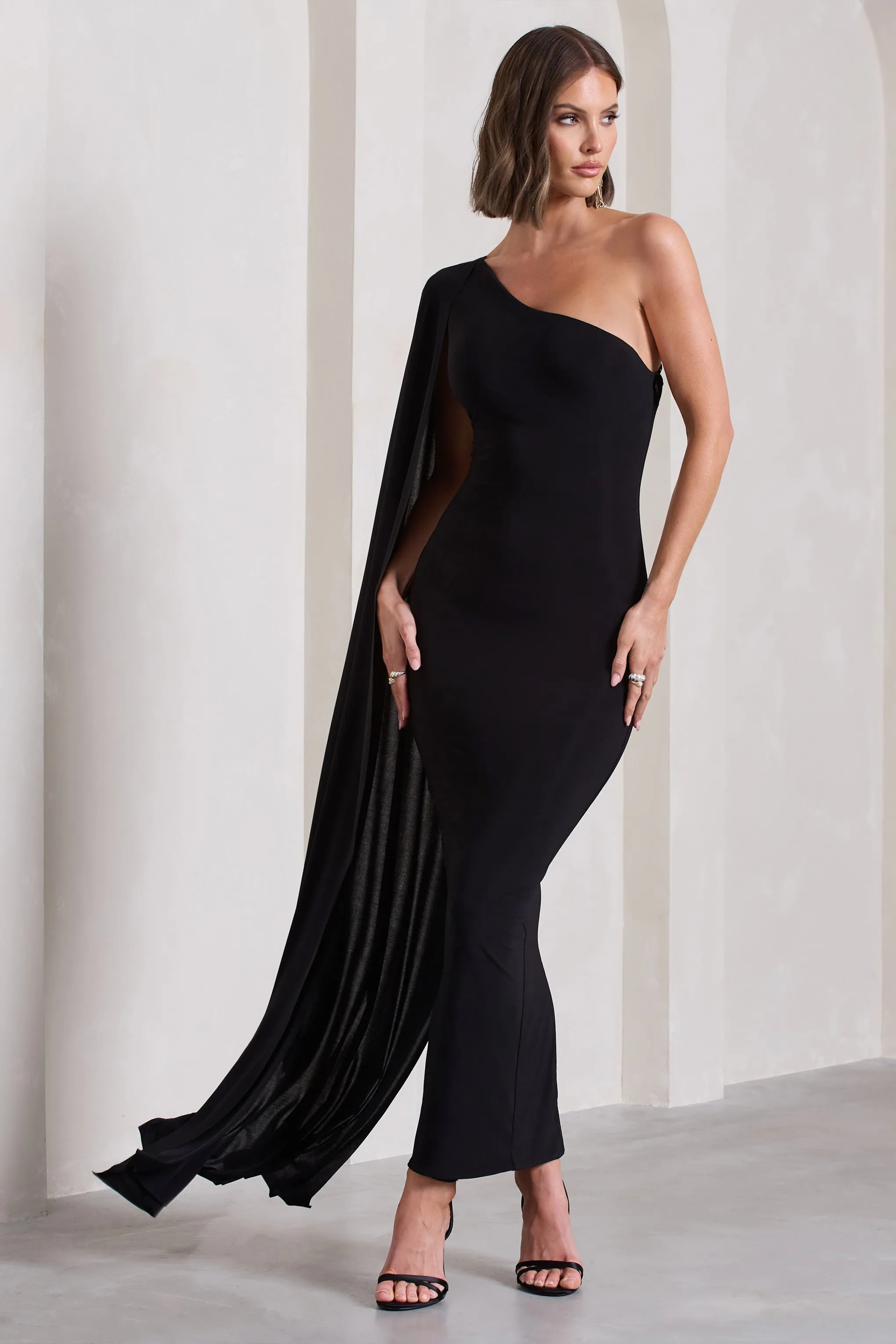 Kamila | Black One Shoulder Cape Sleeve Open-Back Maxi Dress sold by Club L London product image thumbnail 5