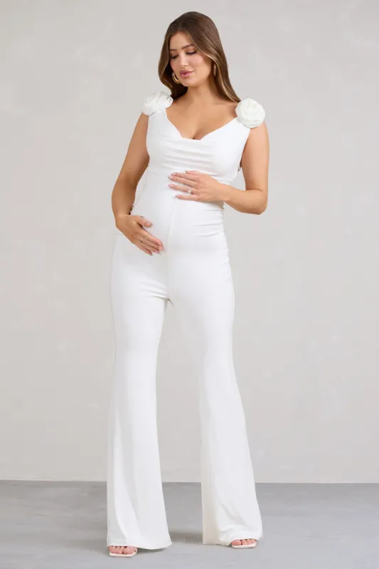 Posy | White Maternity Cowl Jumpsuit With Flower Design sold by Club L London