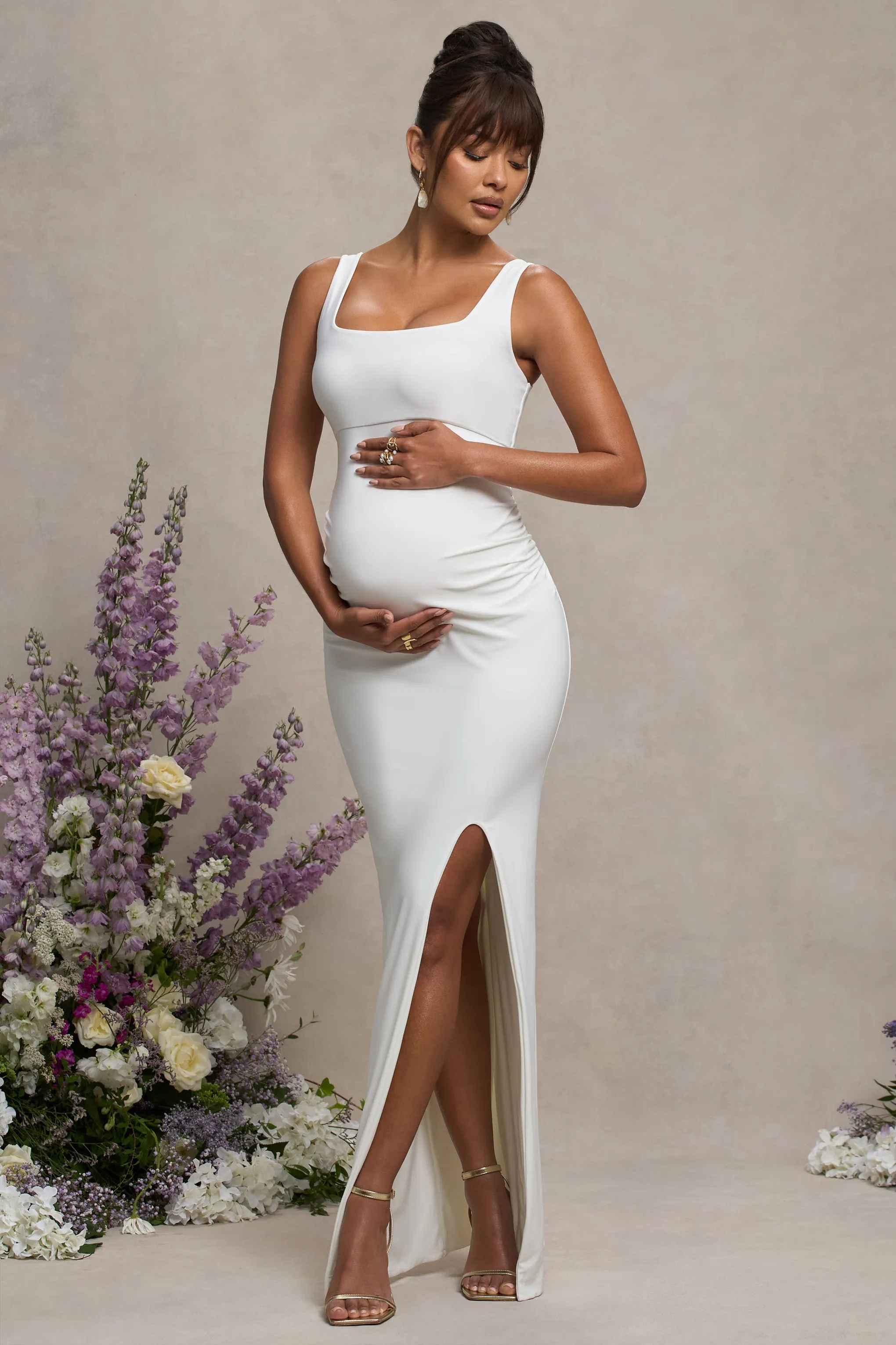Avril | White Square Neck Maternity Maxi Dress with Split sold by Club L London product image thumbnail 5