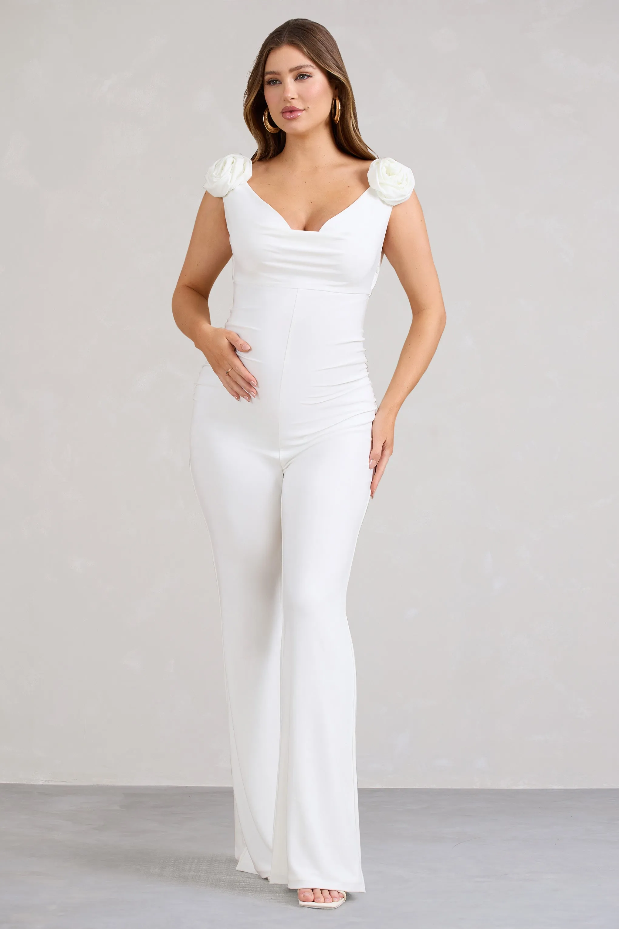 Posy | White Maternity Cowl Jumpsuit With Flower Design sold by Club L London product image thumbnail 4