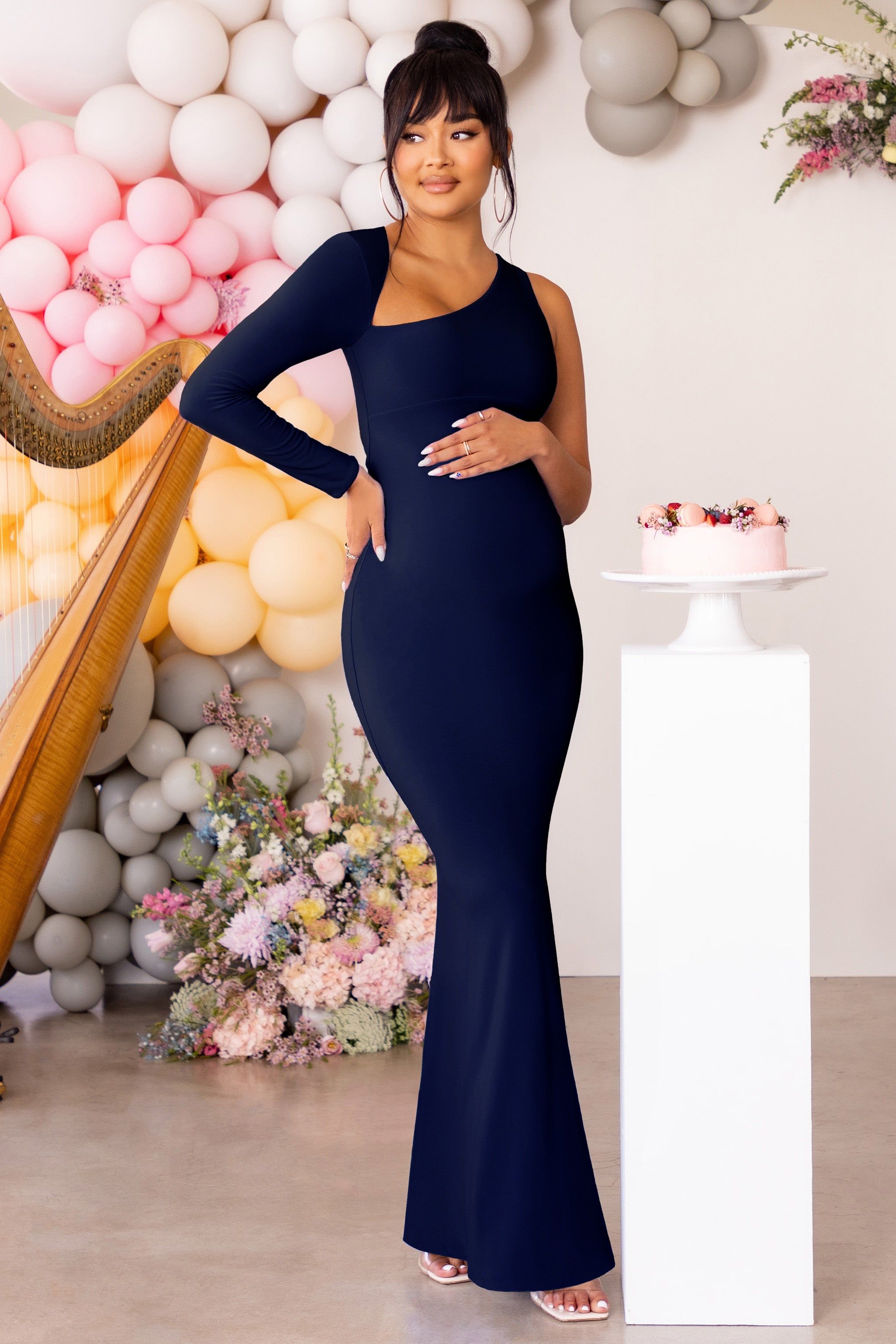 Oh Baby | Navy Maternity One Shoulder Bodycon Maxi Dress sold by Club L London product image thumbnail 3