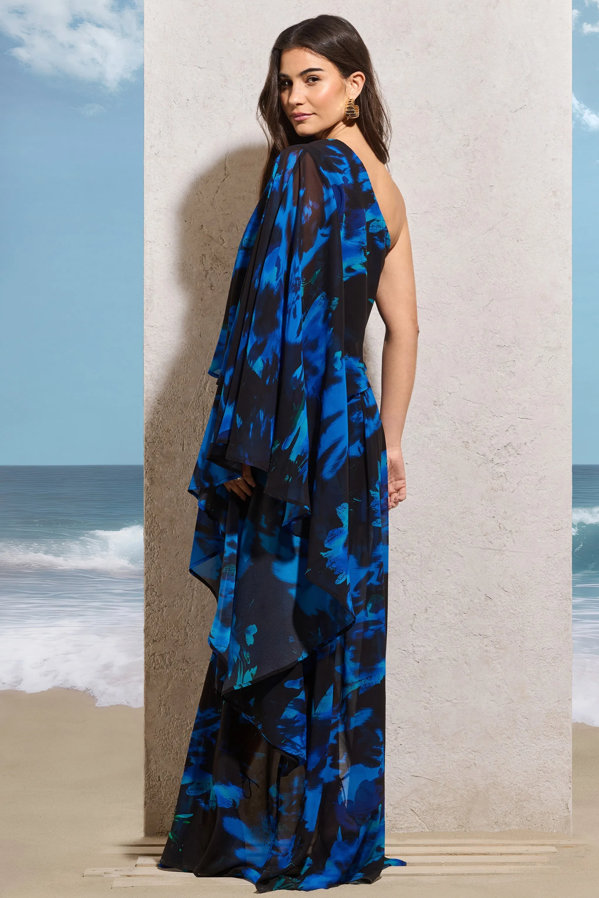 Ripple | Navy Floral Print Chiffon Oversized Asymmetric Maxi Dress sold by Club L London product image thumbnail 2