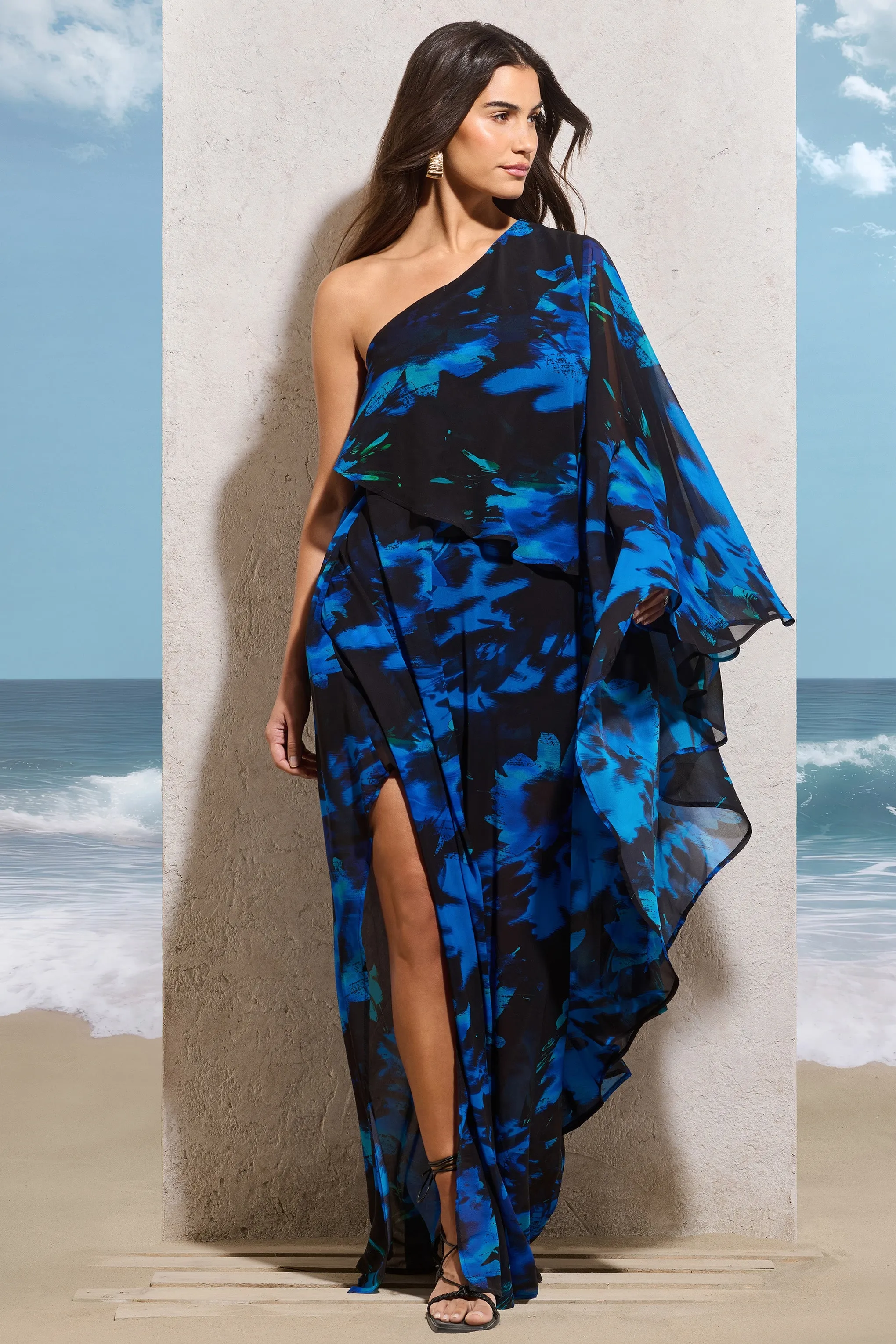 Ripple | Navy Floral Print Chiffon Oversized Asymmetric Maxi Dress sold by Club L London