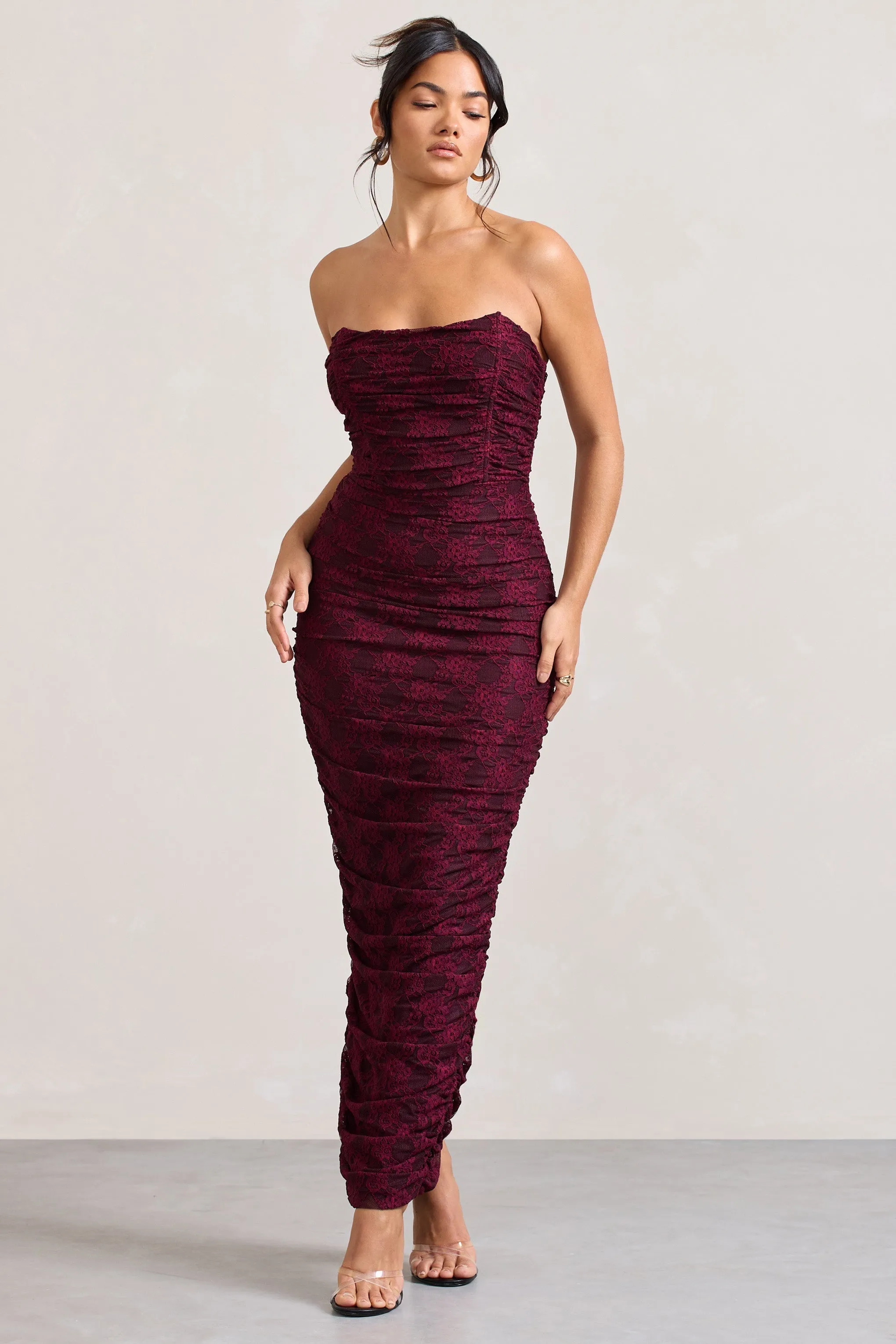 Paparazzi | Burgundy Ruched Lace Strapless Bandeau Maxi Dress sold by Club L London product image thumbnail 5