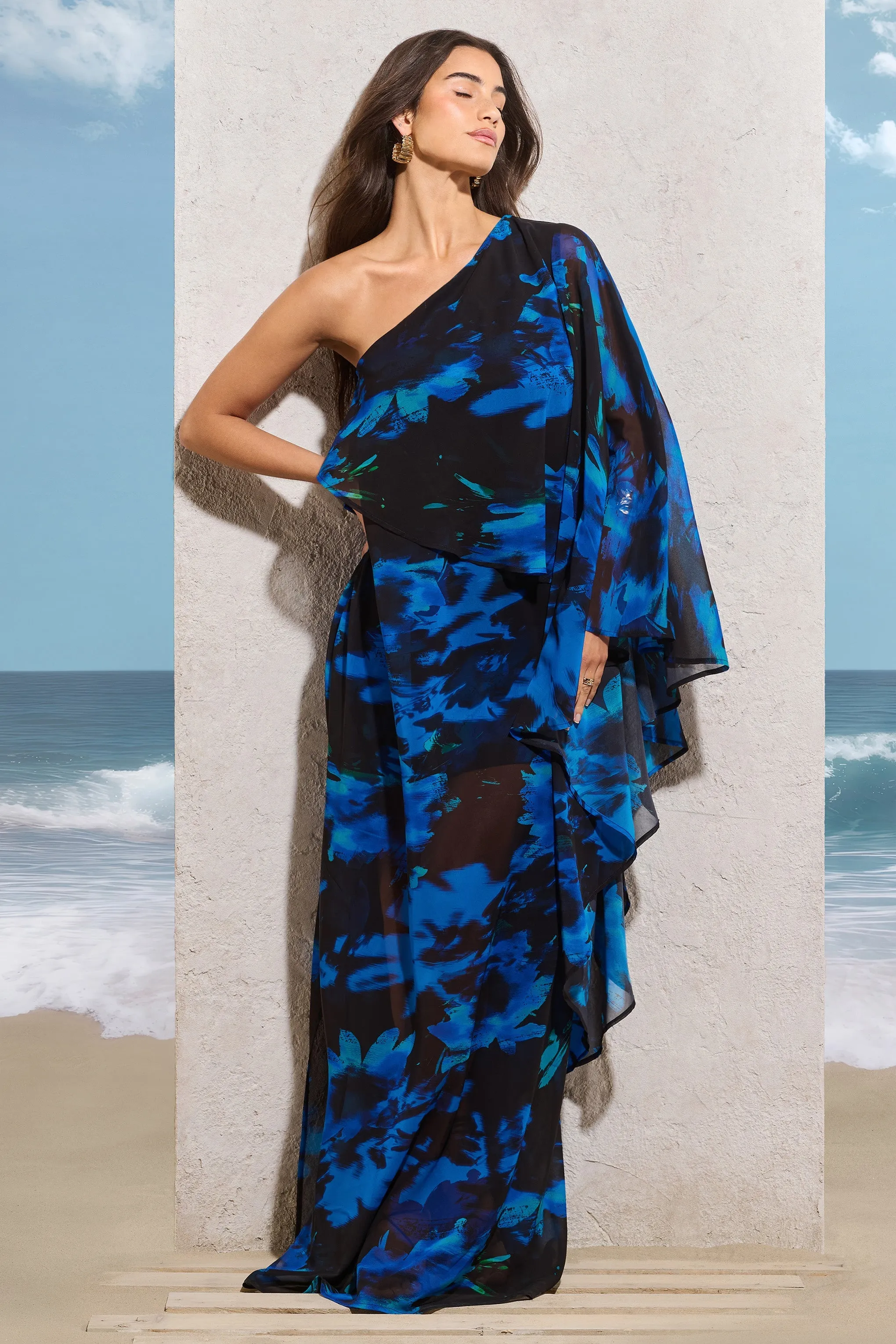 Ripple | Navy Floral Print Chiffon Oversized Asymmetric Maxi Dress sold by Club L London product image thumbnail 5