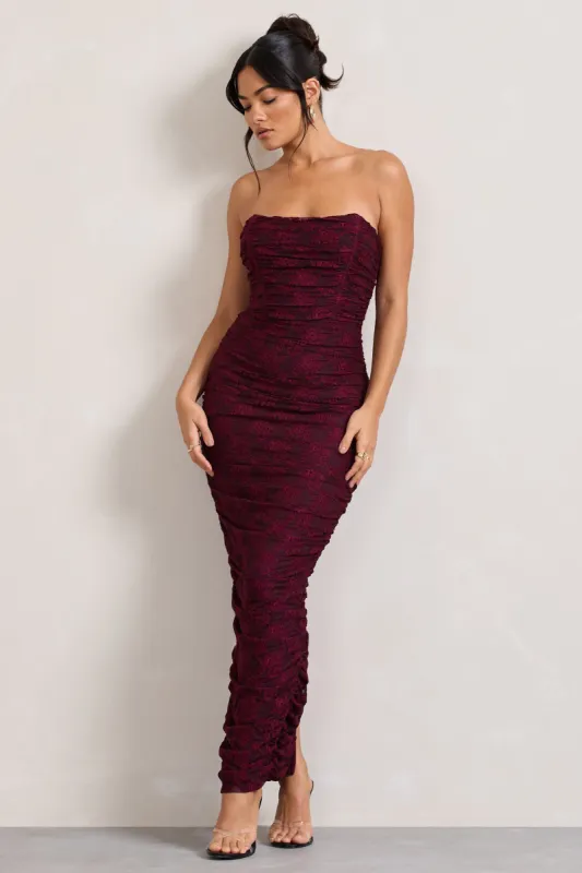 Paparazzi | Burgundy Ruched Lace Strapless Bandeau Maxi Dress sold by Club L London