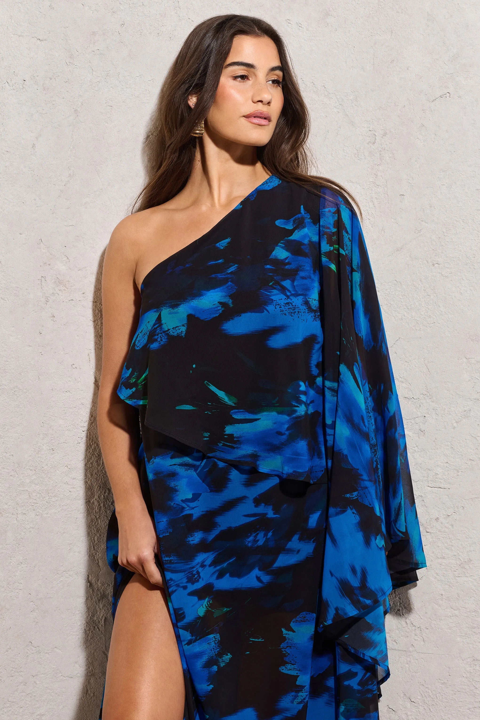 Ripple | Navy Floral Print Chiffon Oversized Asymmetric Maxi Dress sold by Club L London product image thumbnail 3