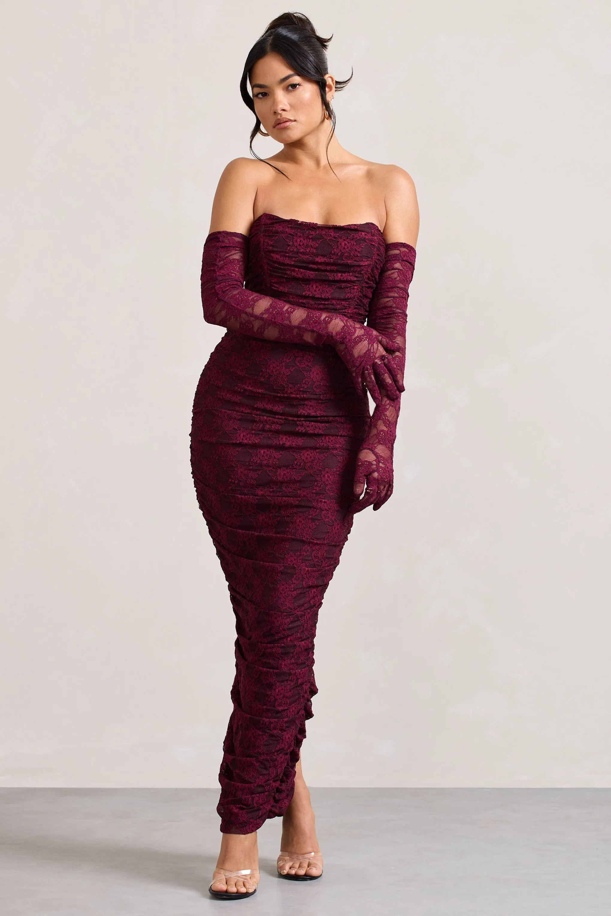 Paparazzi | Burgundy Ruched Lace Strapless Bandeau Maxi Dress sold by Club L London product image thumbnail 4