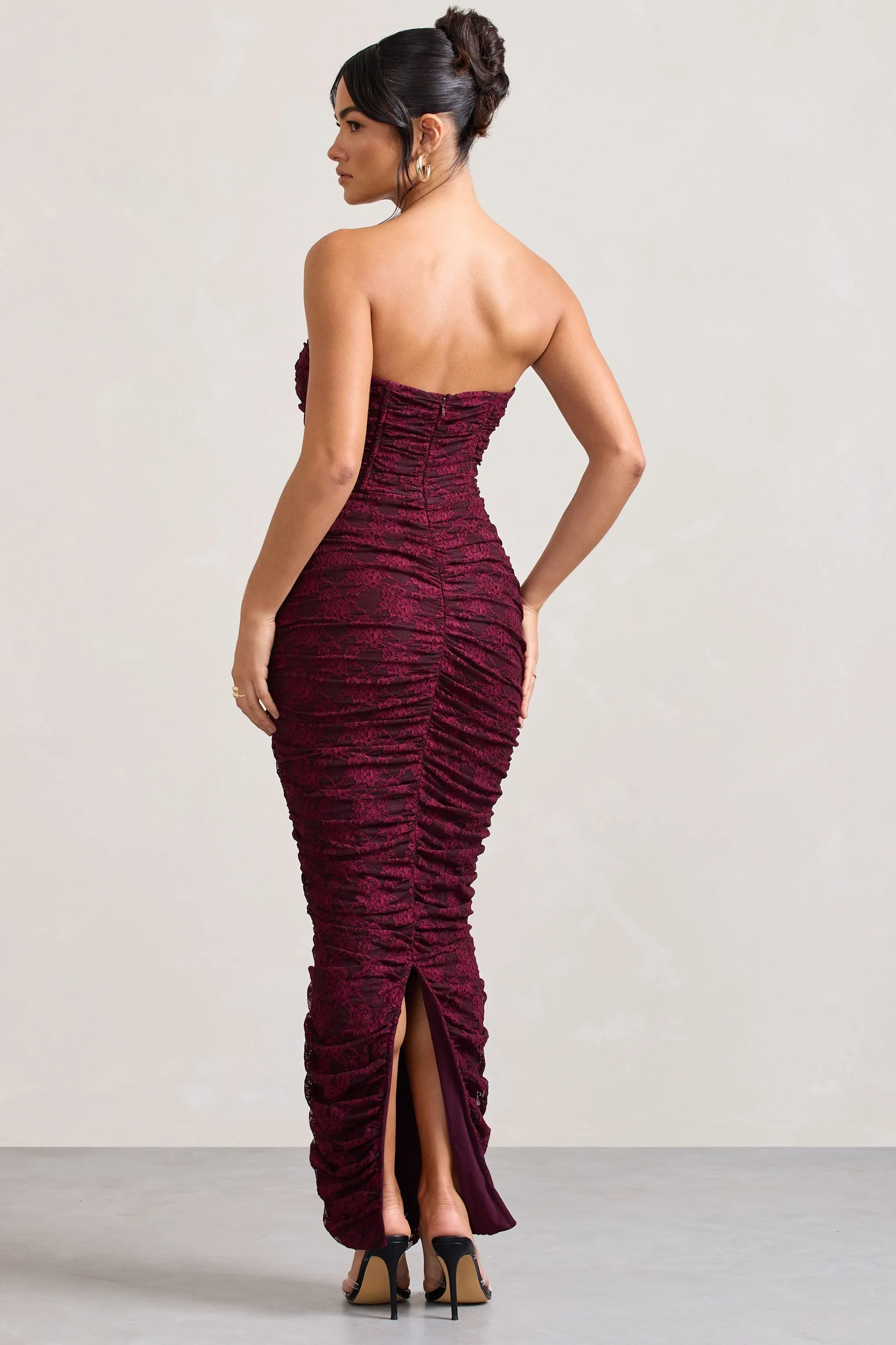 Paparazzi | Burgundy Ruched Lace Strapless Bandeau Maxi Dress sold by Club L London product image thumbnail 2