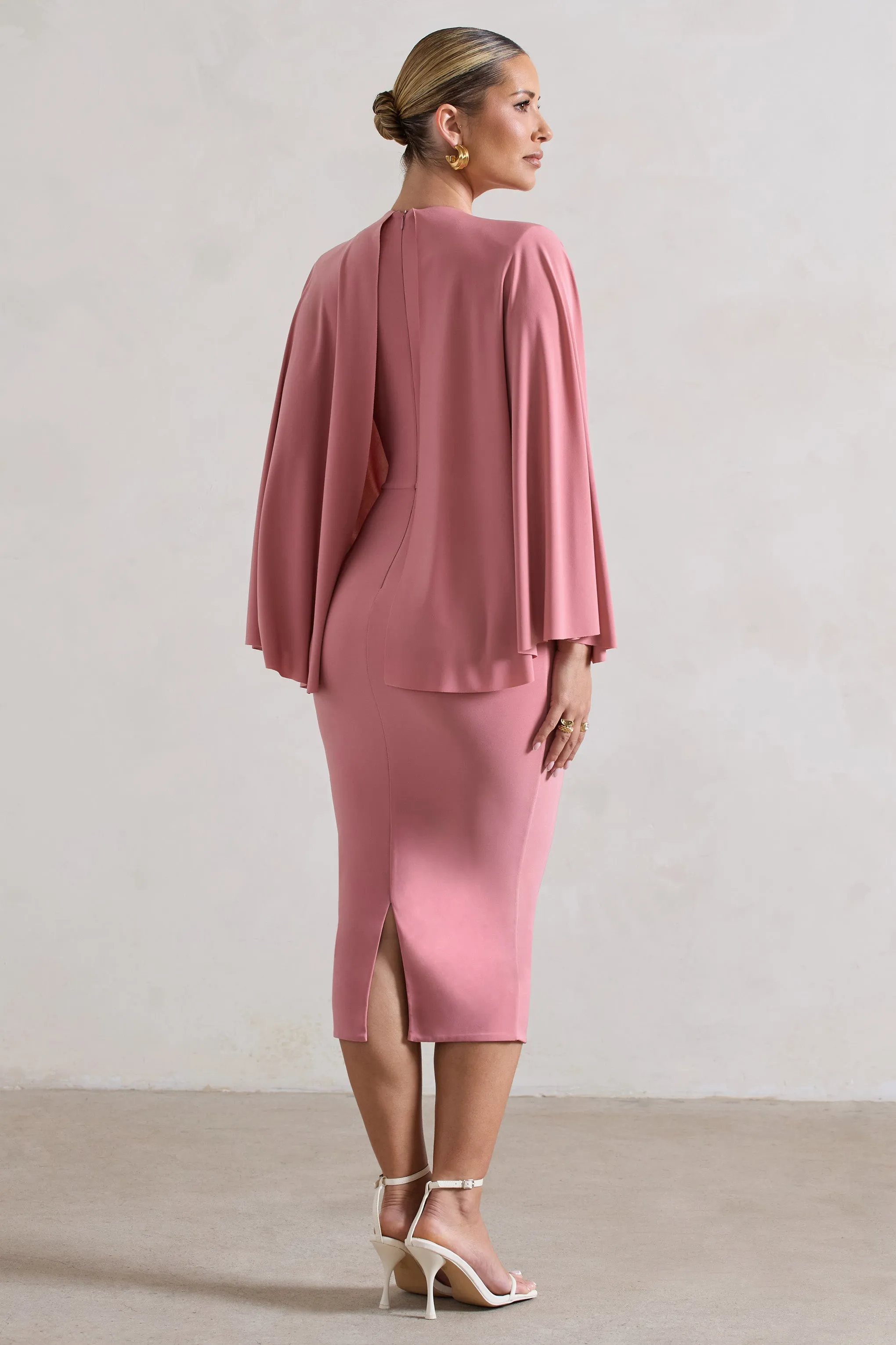 Mishka | Blush Pink Plunge-Neck Cape Midi Dress sold by Club L London product image thumbnail 2