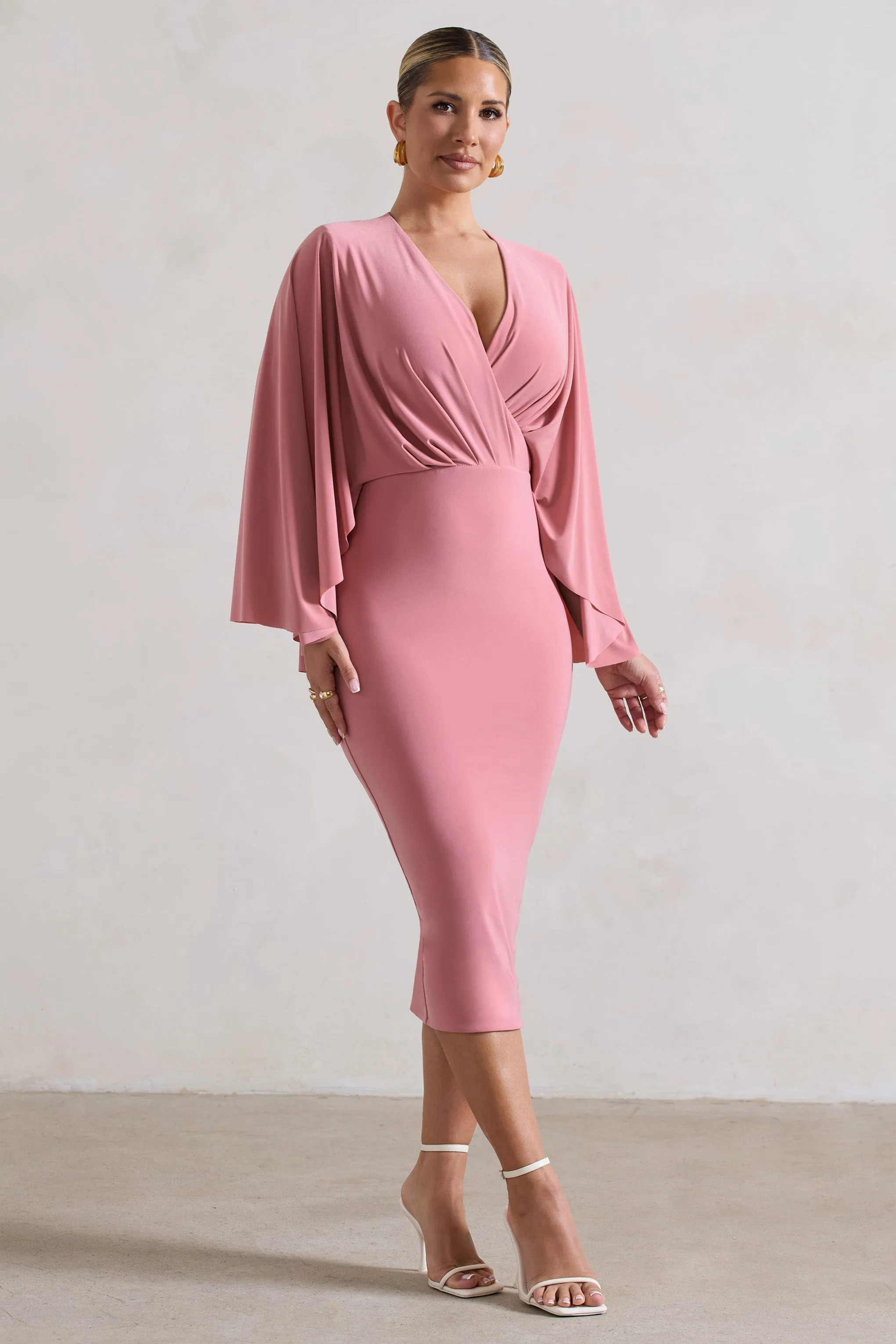 Mishka | Blush Pink Plunge-Neck Cape Midi Dress sold by Club L London