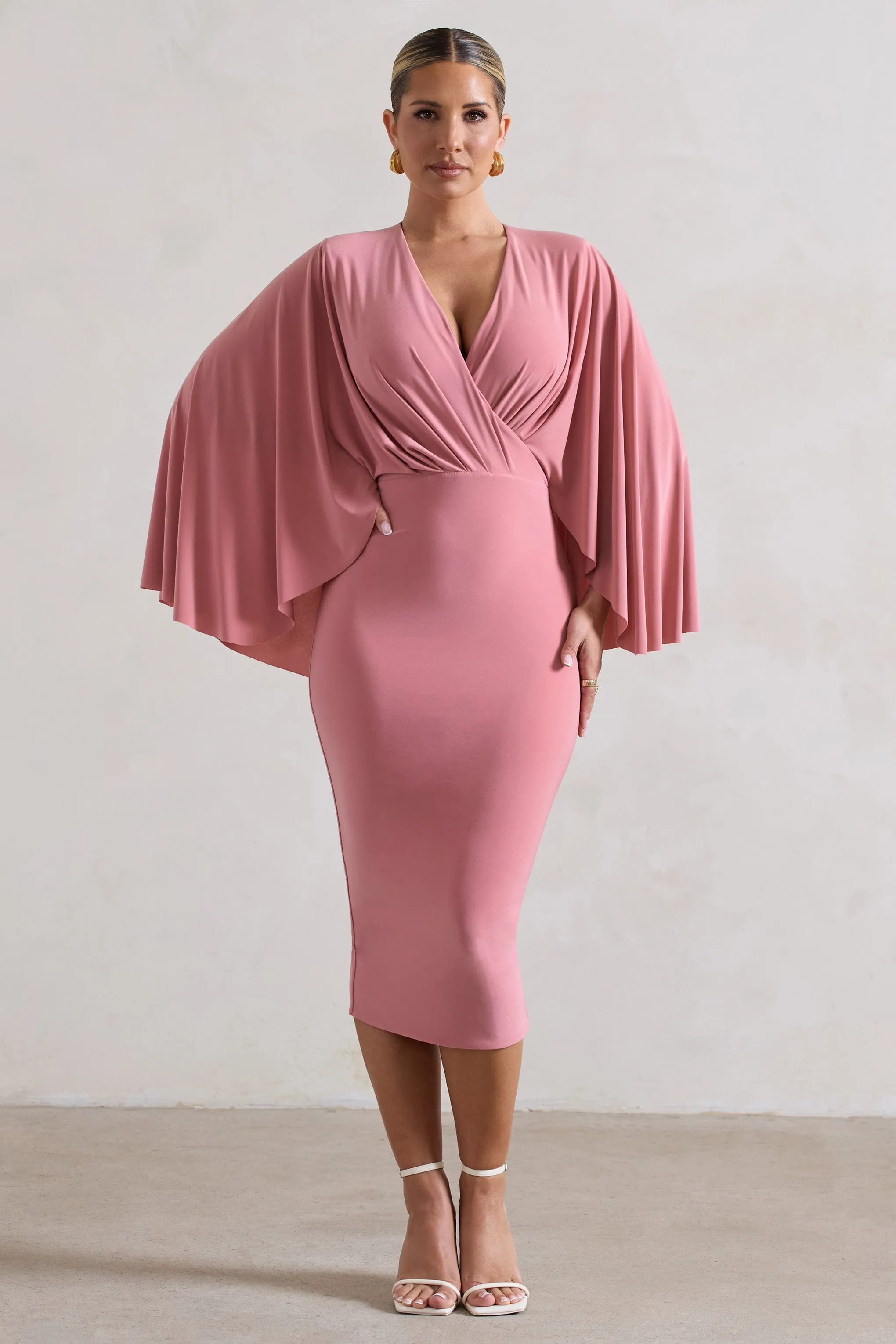 Mishka | Blush Pink Plunge-Neck Cape Midi Dress sold by Club L London product image thumbnail 4