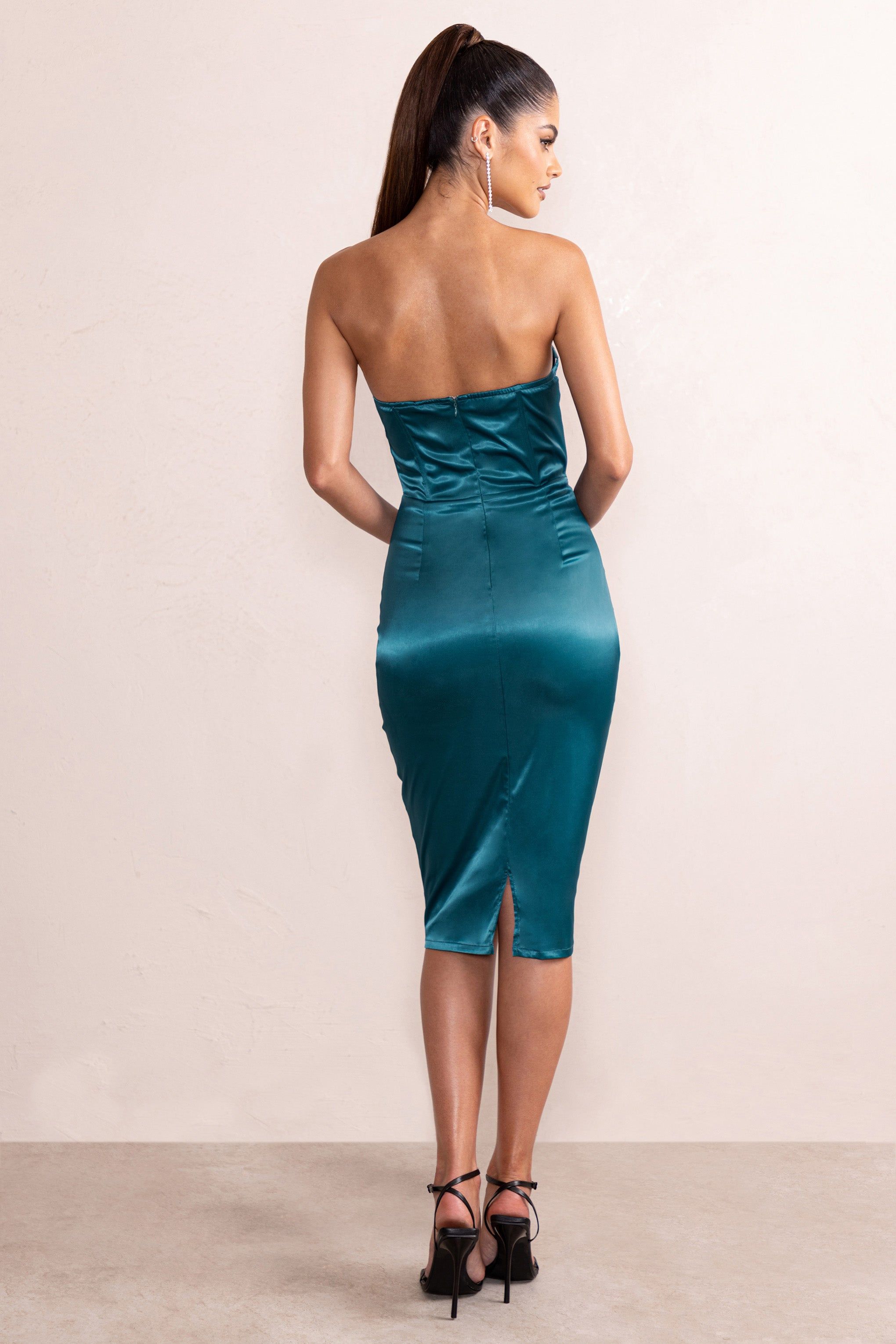 Anne | Teal Satin Layered Corset Detail Midi Dress sold by Club L London product image thumbnail 2