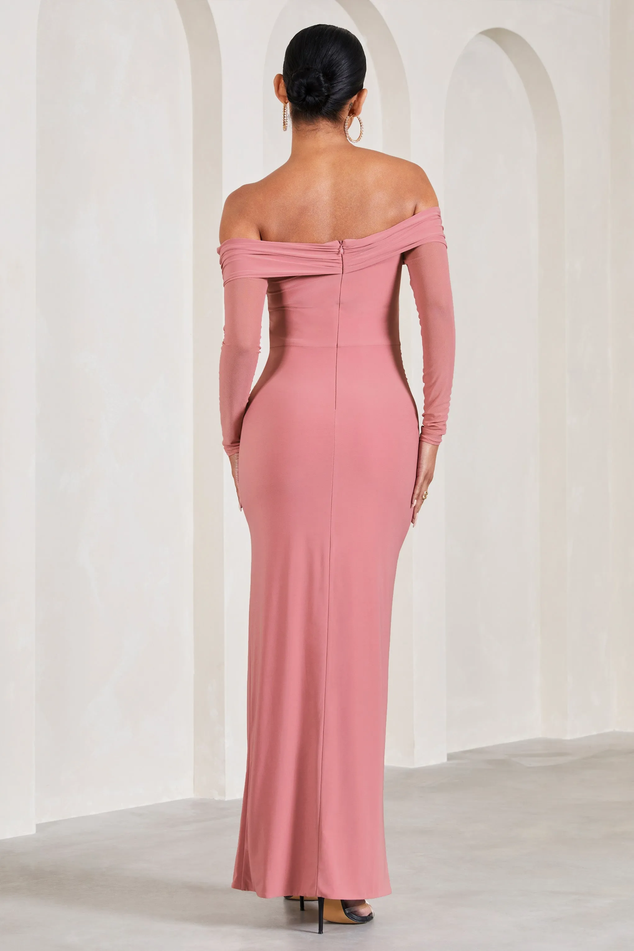 Elsie | Blush Pink Bardot Long-Sleeved Maternity Maxi Dress sold by Club L London product image thumbnail 2