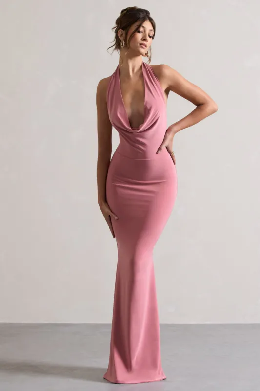 Milani | Pink Backless Cowl Neck Fishtail Maxi Dress sold by Club L London
