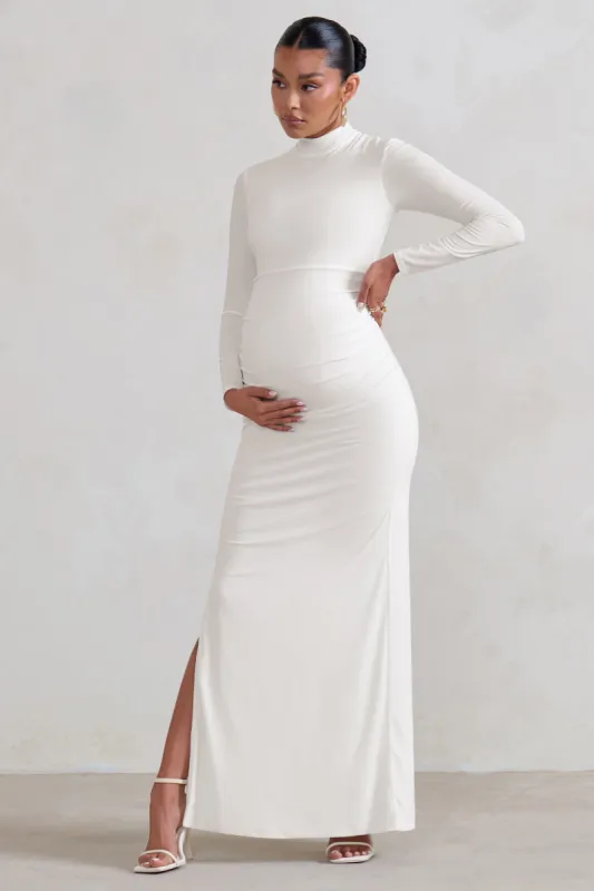 Alejandra | White Maternity Long Sleeve High Neck Maxi Dress sold by Club L London