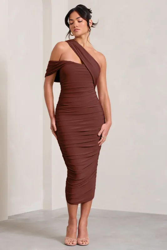 Cici | Brown Asymmetric One Shoulder Ruched Midi Dress sold by Club L London