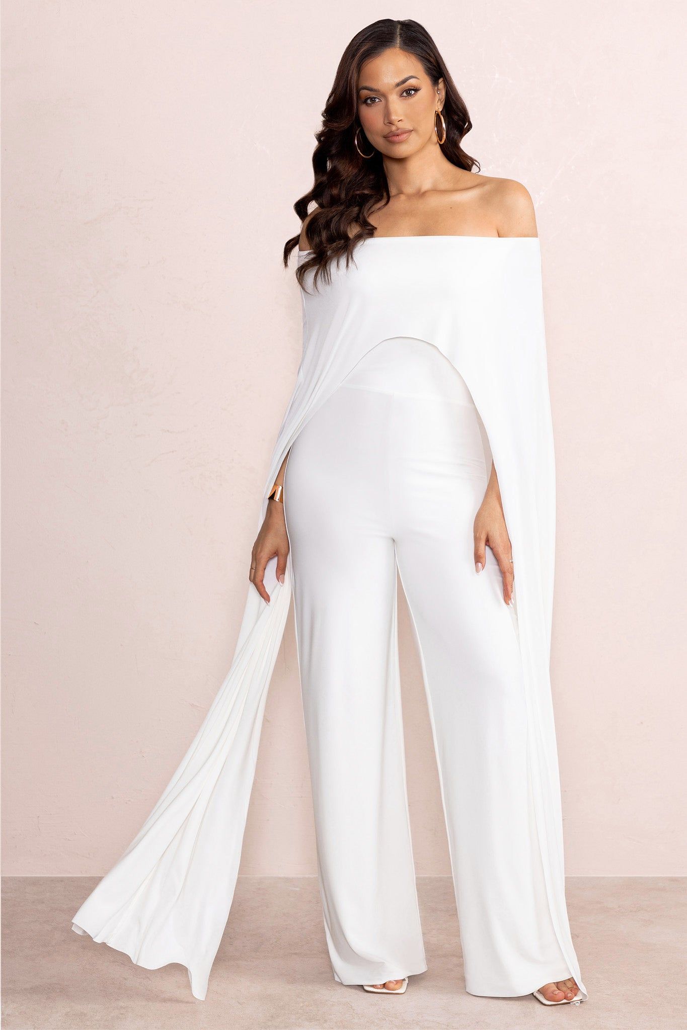 Mayara | White Bardot Cape Sleeve Jumpsuit sold by Club L London product image thumbnail 2