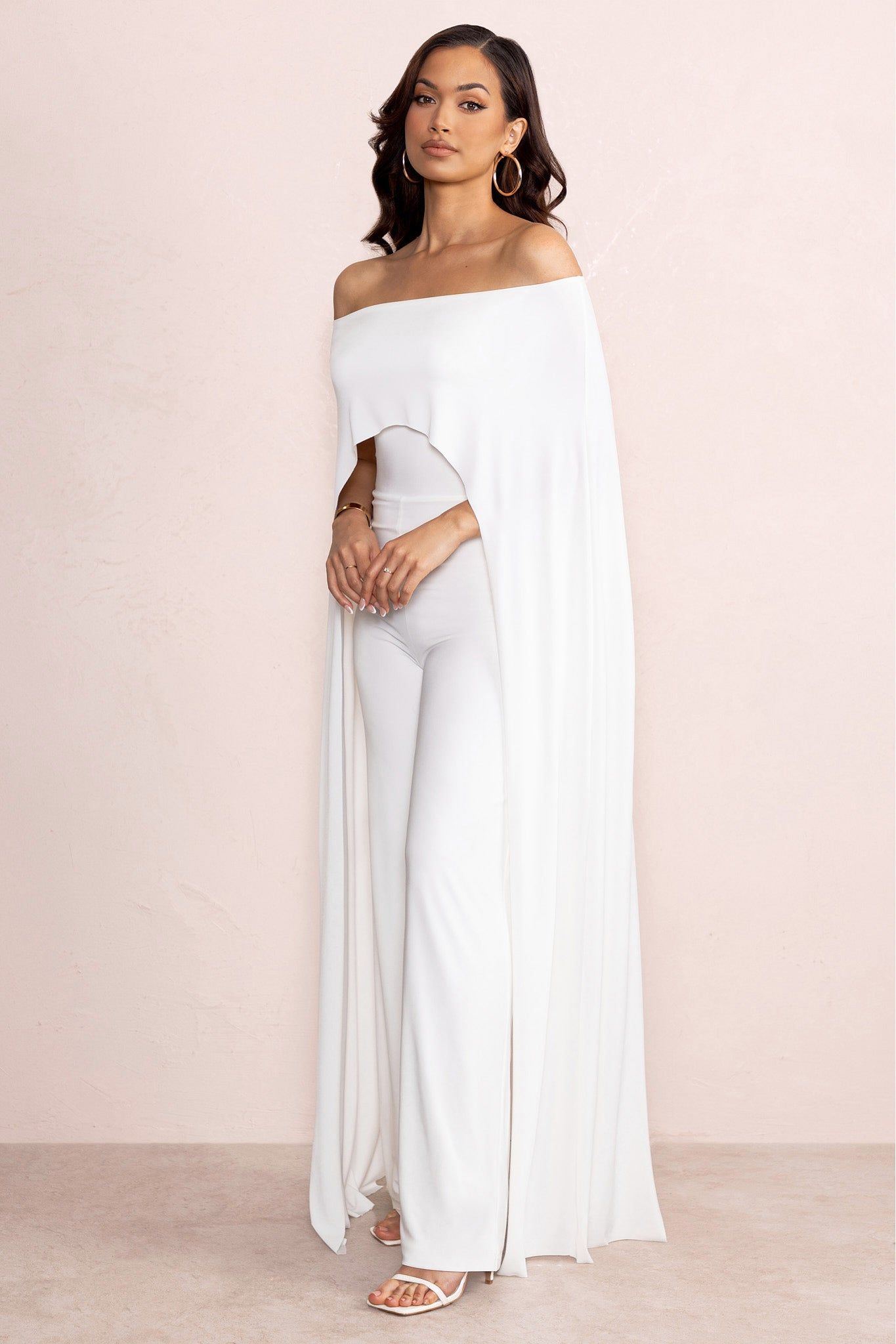 Mayara | White Bardot Cape Sleeve Jumpsuit sold by Club L London product image thumbnail 4