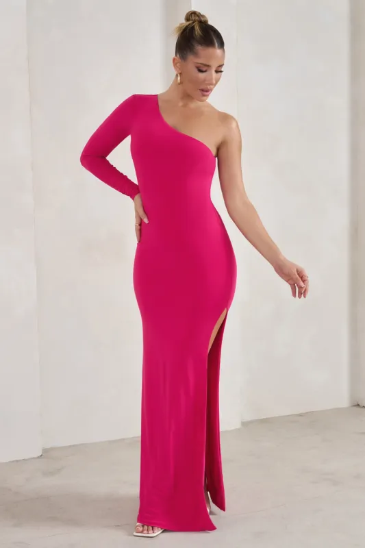 Melanie | Hot Pink One Shoulder Split Maxi Dress sold by Club L London