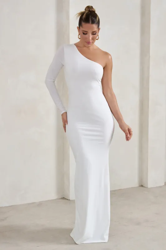 Melanie | White One Shoulder Split Maxi Dress sold by Club L London