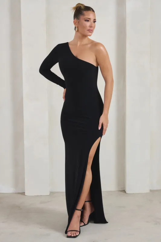 Melanie | Black One Shoulder Split Maxi Dress sold by Club L London