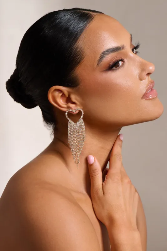 Kathryn | Gold Diamante Heart Shaped Tassel Earrings sold by Club L London