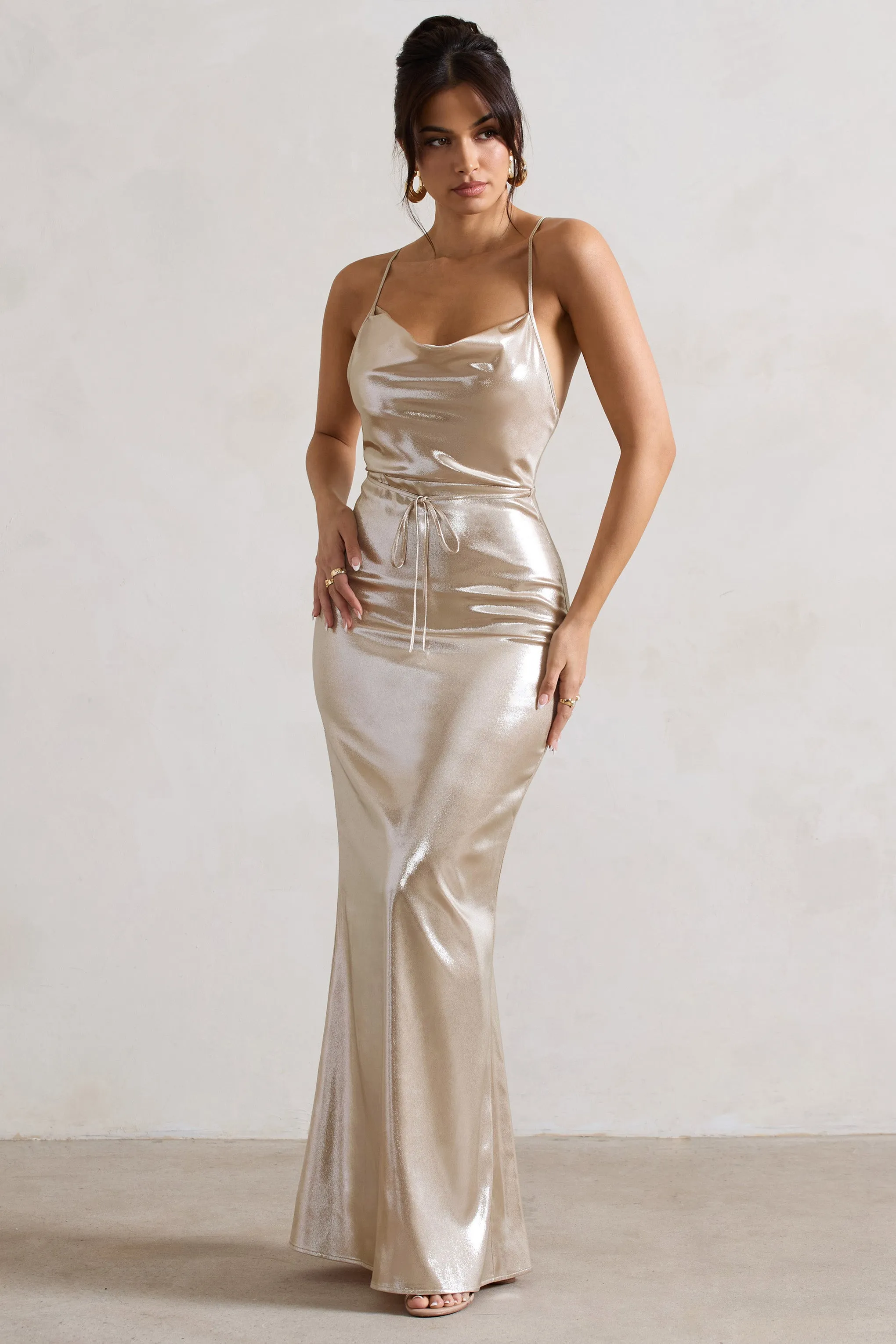 All In Time | Champagne Metallic Cowl-Neck Maxi Dress With Cross Back Detail sold by Club L London product image thumbnail 5