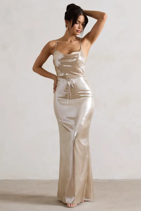 All In Time | Champagne Metallic Cowl-Neck Maxi Dress With Cross Back Detail sold by Club L London