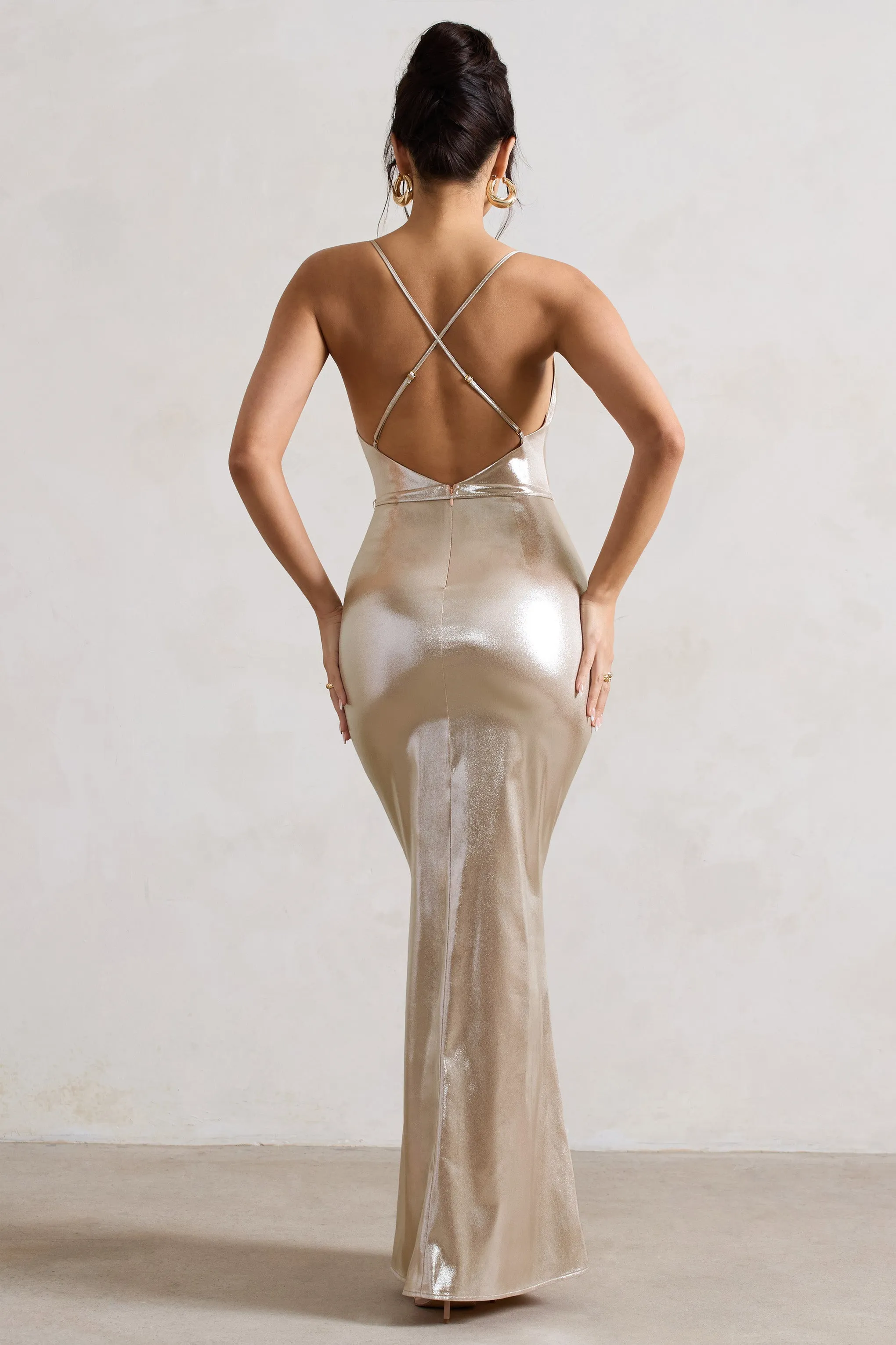 All In Time | Champagne Metallic Cowl-Neck Maxi Dress With Cross Back Detail sold by Club L London product image thumbnail 2
