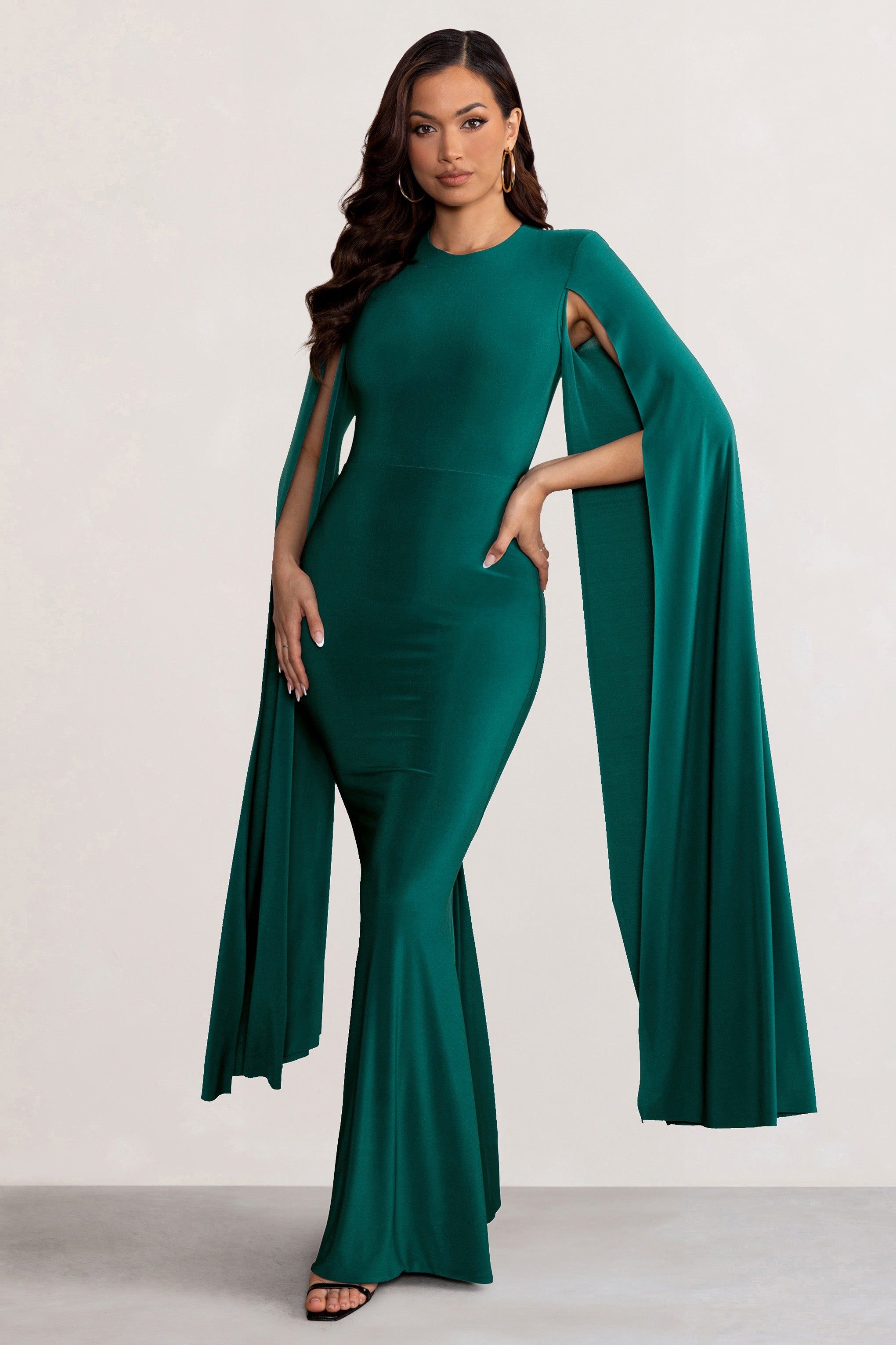Kimmy | Bottle Green High Neck Maxi Dress with Floor Length Sleeves sold by Club L London product image thumbnail 5