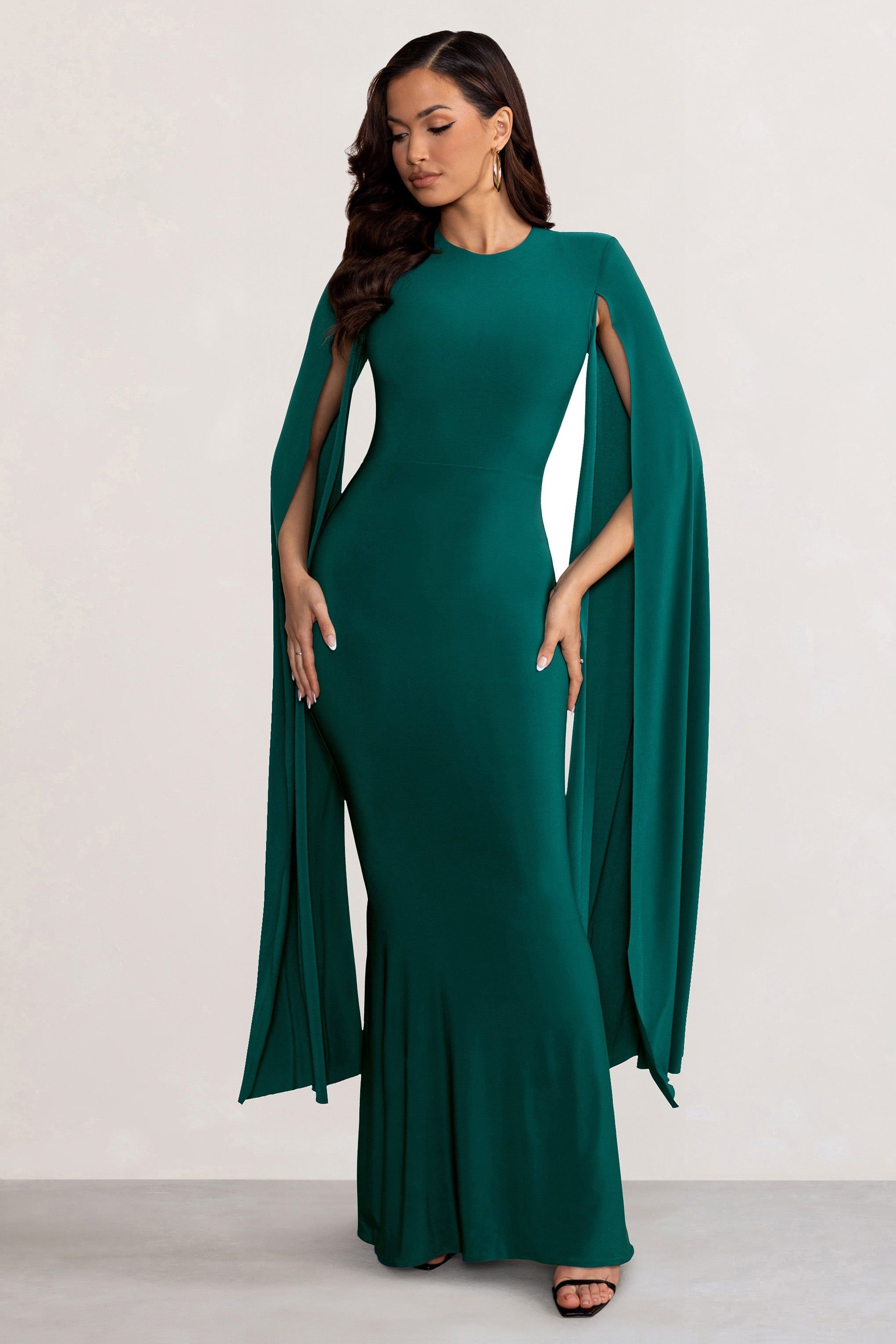Kimmy | Bottle Green High Neck Maxi Dress with Floor Length Sleeves sold by Club L London product image thumbnail 4