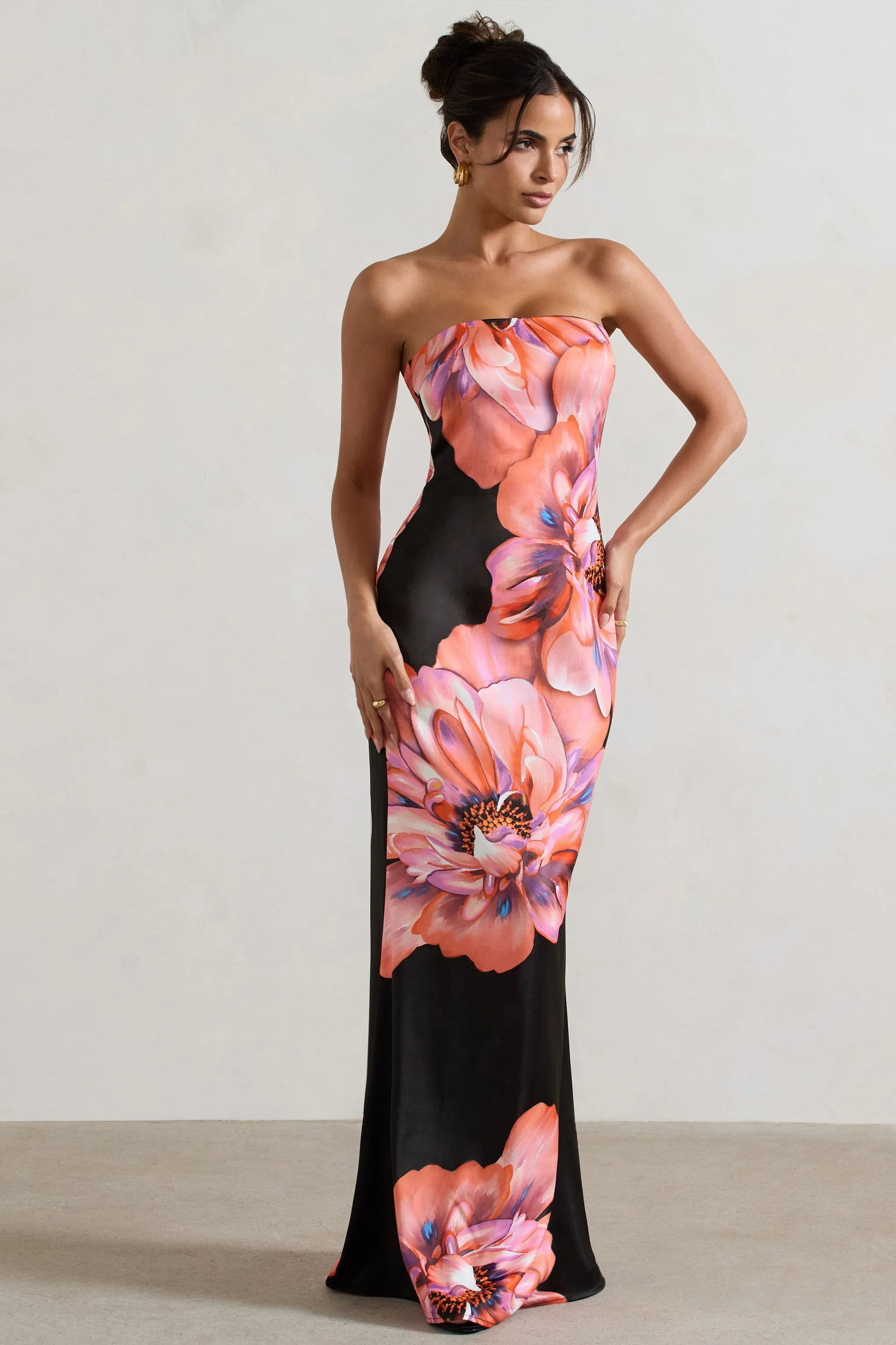 Sofiane | Black & Pink Floral Print Bandeau Maxi Dress sold by Club L London product image thumbnail 5