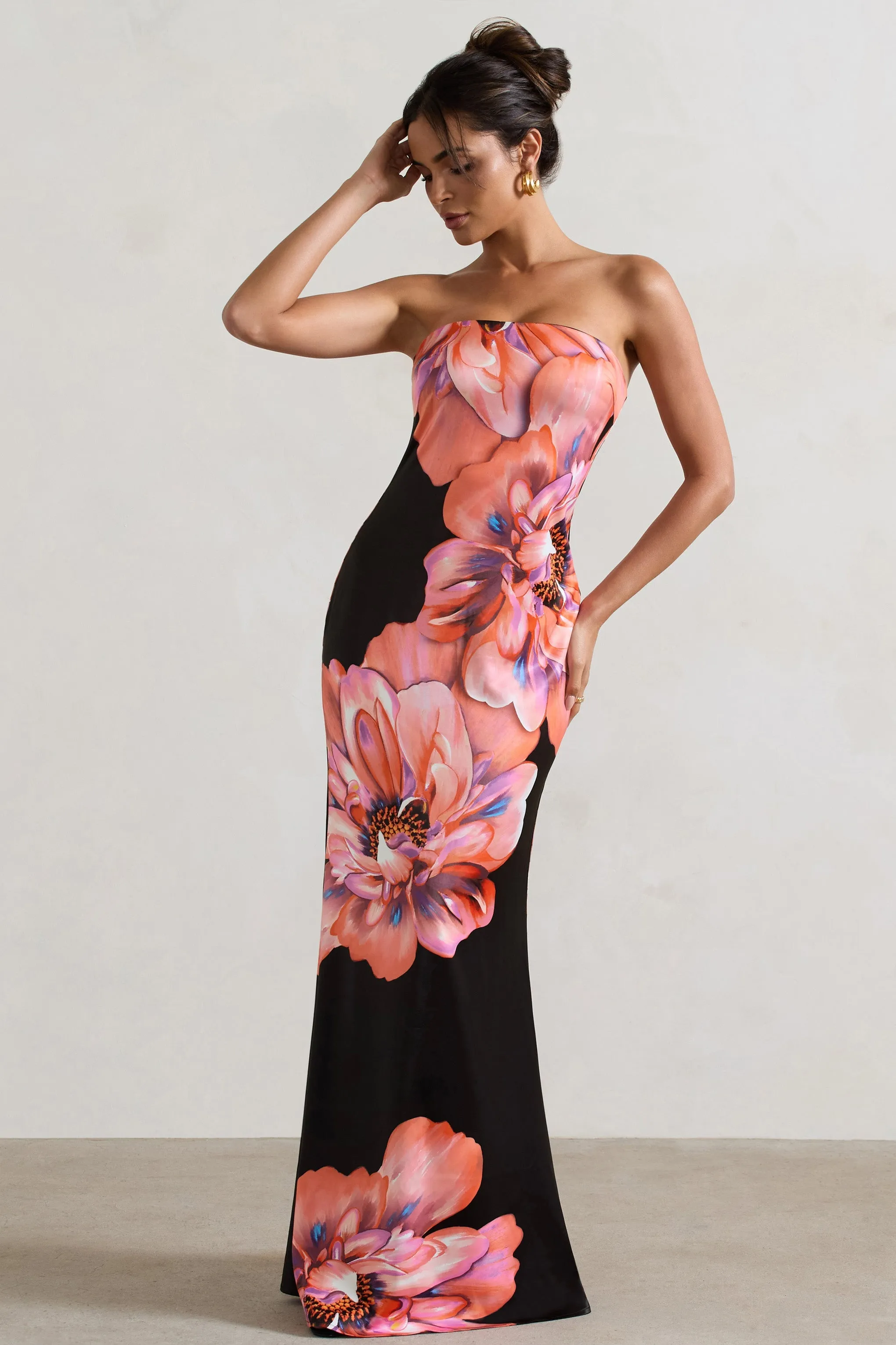 Sofiane | Black & Pink Floral Print Bandeau Maxi Dress sold by Club L London product image thumbnail 4