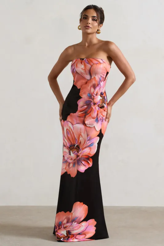 Sofiane | Black & Pink Floral Print Bandeau Maxi Dress sold by Club L London
